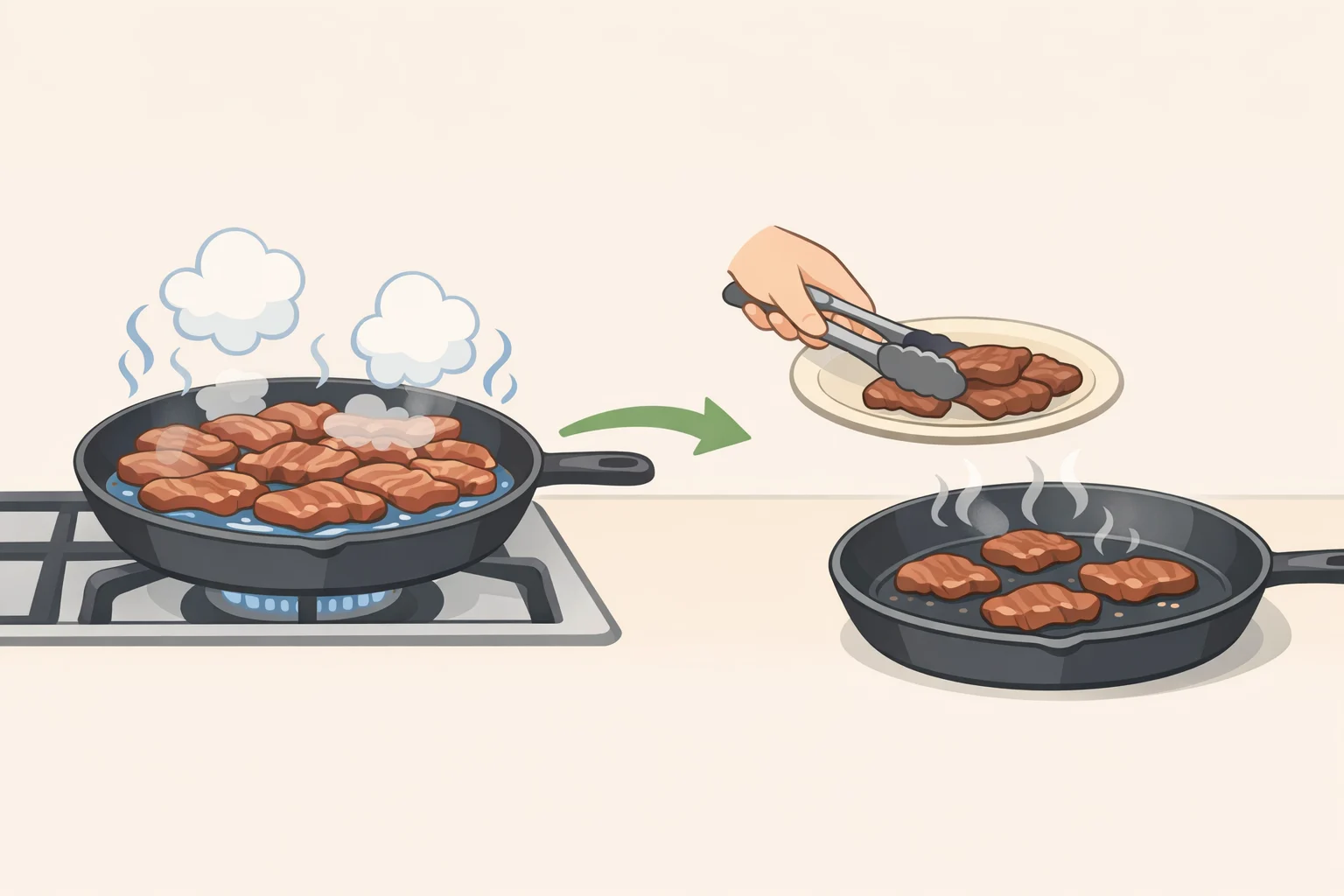 Illustration of a crowded skillet with liquid pooling, then the cook moving some ground beef to a plate so the remaining meat can finish searing instead of steaming