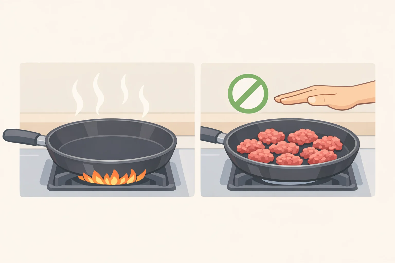 Illustration of how to brown ground beef properly: a hot skillet with a few water droplets evaporating fast, large chunks added, and the meat left undisturbed for 2–4 minutes before flipping