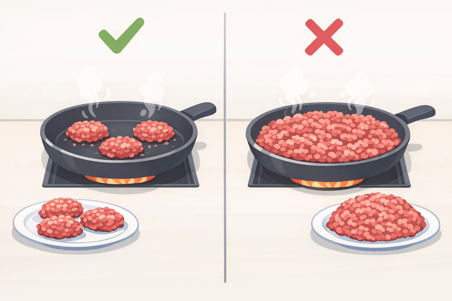 Illustration showing a cook using a 10-inch skillet for one pound of ground beef, then repeating in batches to avoid crowding and steaming