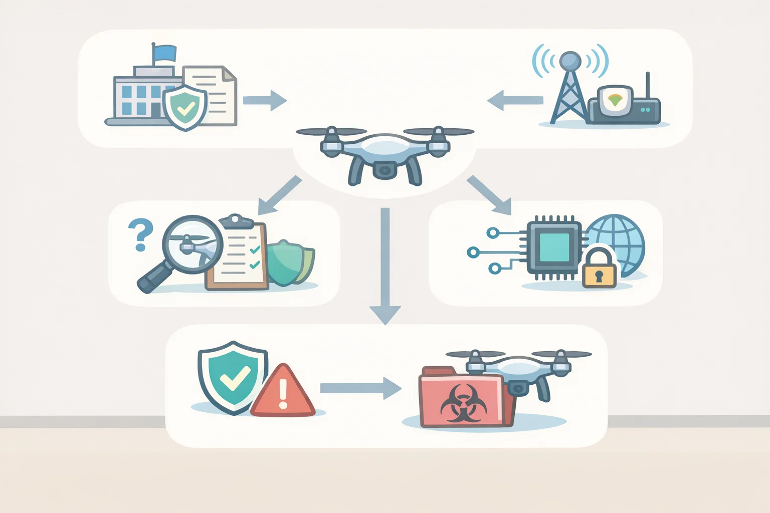 Illustration of the FCC Covered List process connecting foreign-produced UAS to the Equipment Authorization Program risk review, clarifying what the rule does and does not cover