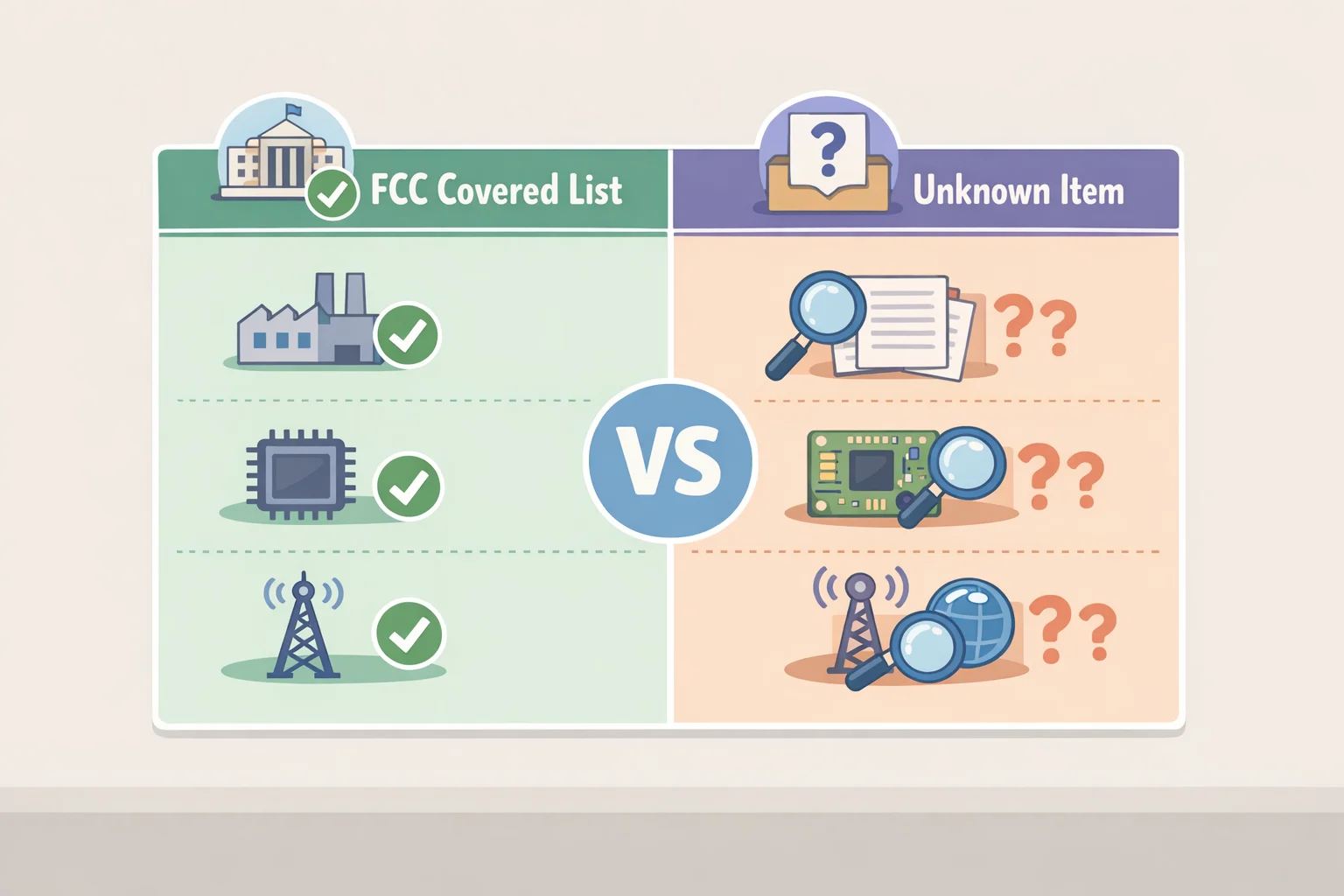 Table illustration summarizing Covered List status, Blue UAS clearance, domestic-end-product test, equipment authorization, and unresolved resale/import questions