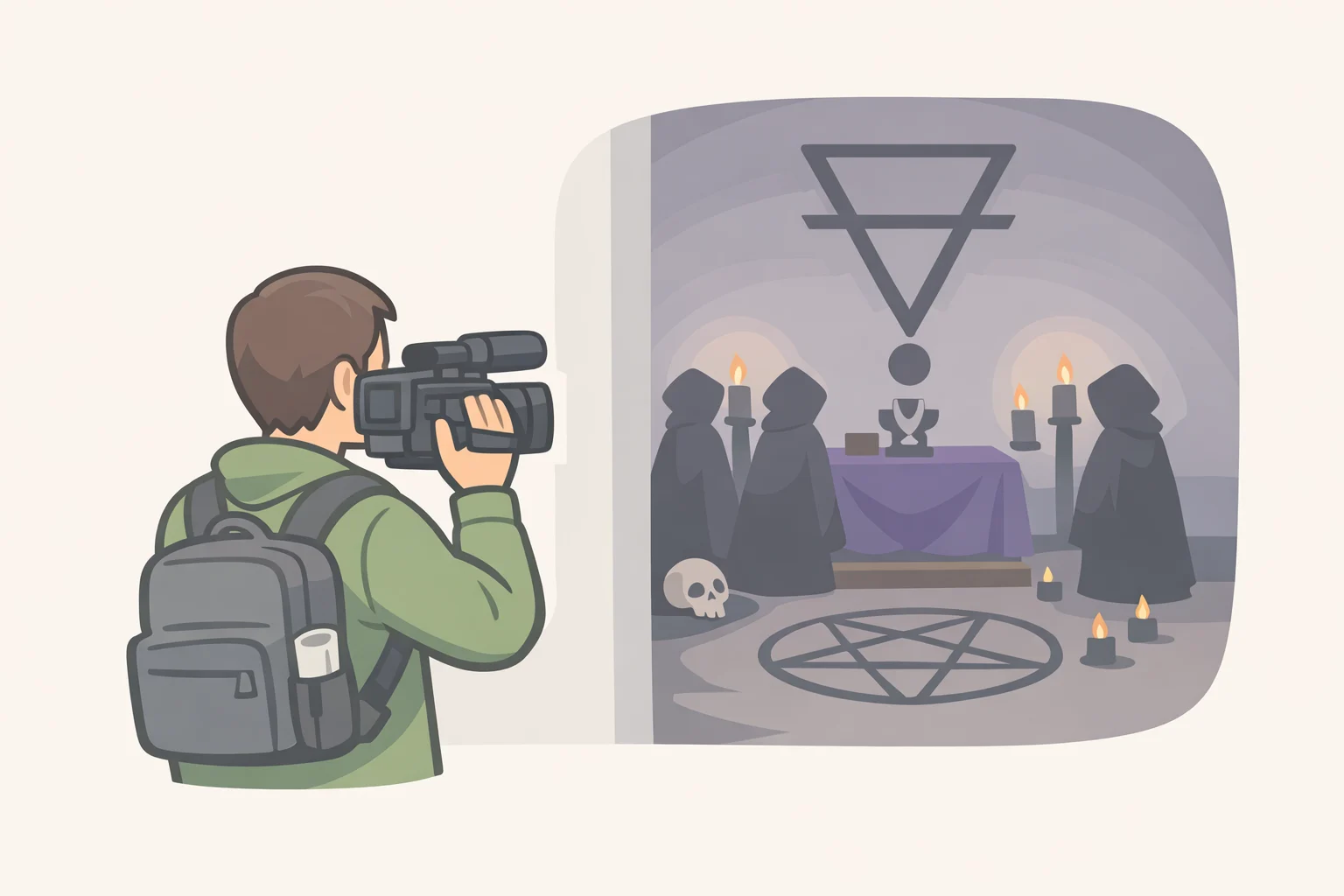 Illustration of Caitríona Balfe’s character Rose investigating the Church of Ascension, with journalistic equipment and ominous church-like imagery evoking the Apple TV Ascension series Alfonso Cuarón horror thriller tone.
