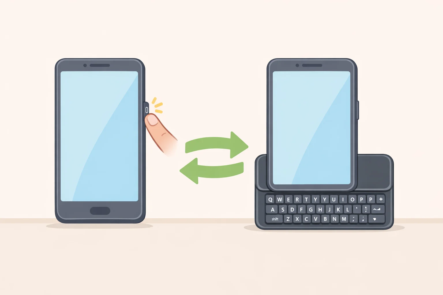 Illustration of the Clicks Power Keyboard attached magnetically to a phone, with the slide-out keys revealed after holding the power button—Clicks Power Keyboard review setup step visual