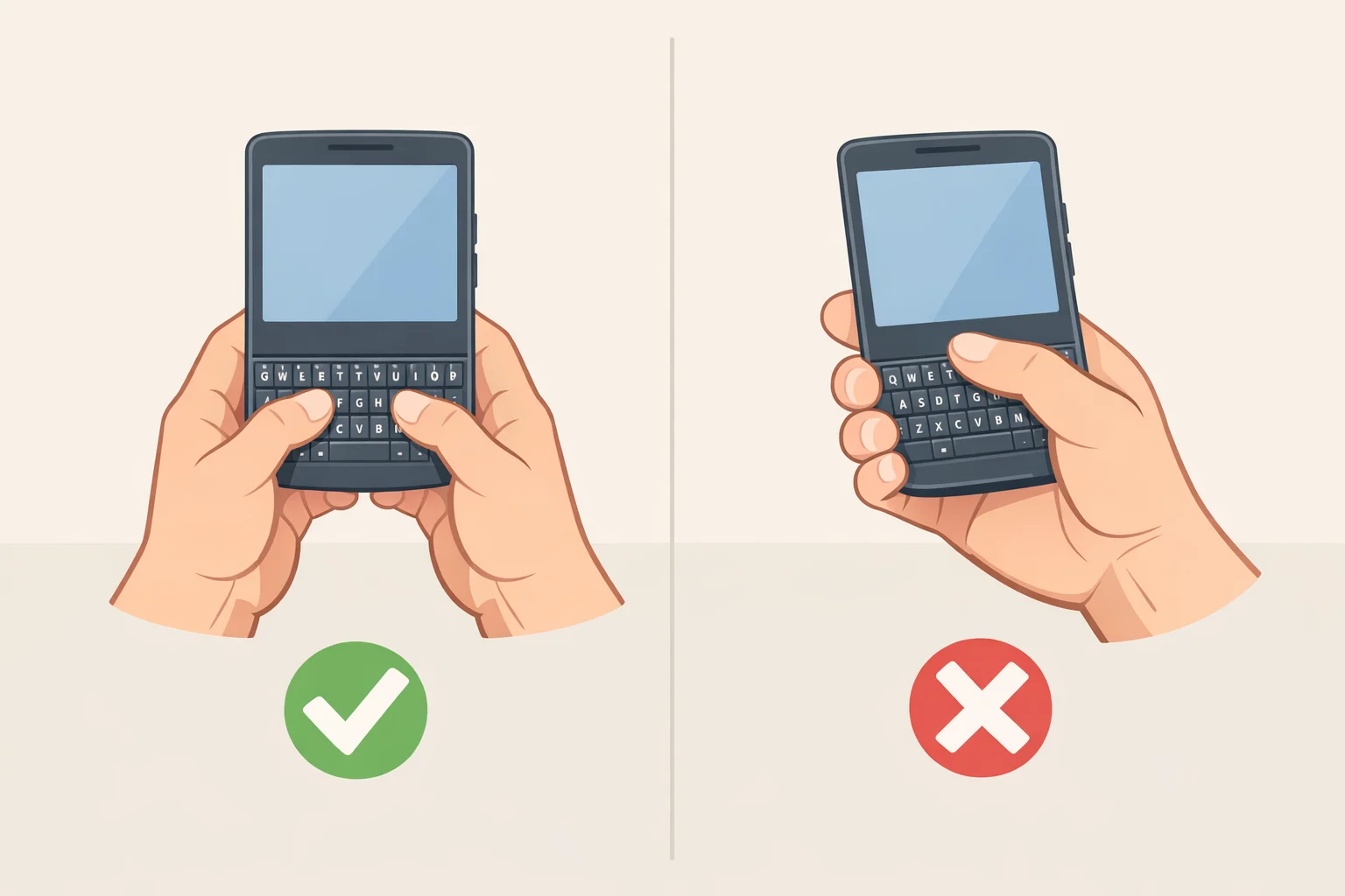 Illustration comparing phone comfort where the Power Keyboard makes a large handset feel top-heavy in portrait mode versus a normal phone grip without the accessory