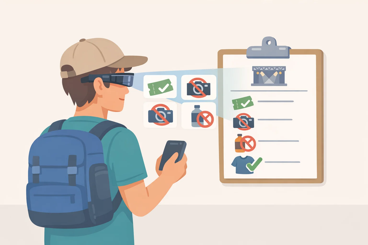 Illustration of a person checking a venue’s smart-glasses policy on a phone before attending an event where filming rules may differ
