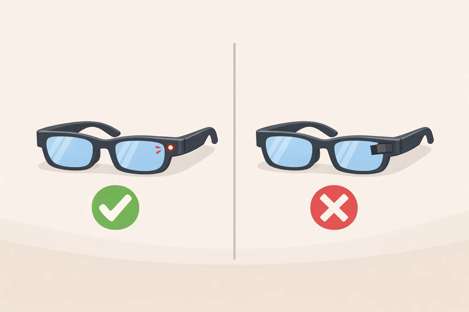 Illustration of smart glasses with a recording LED blinking and a second view showing the LED being covered or tampered with to undermine the privacy indicator
