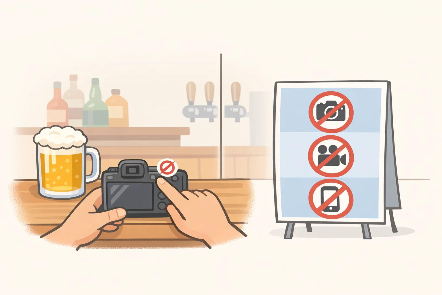 Illustration comparing venue policies: a person turning off smart-glasses camera use in a pub while signs indicate other places may require removal or deny entry
