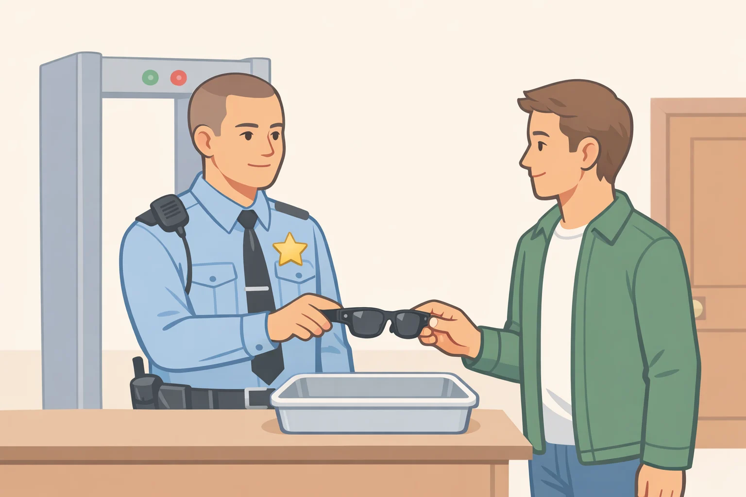 Illustration of Meta smart glasses banned in UK courts: a visitor having their smart glasses confiscated at an HMCTS court entrance