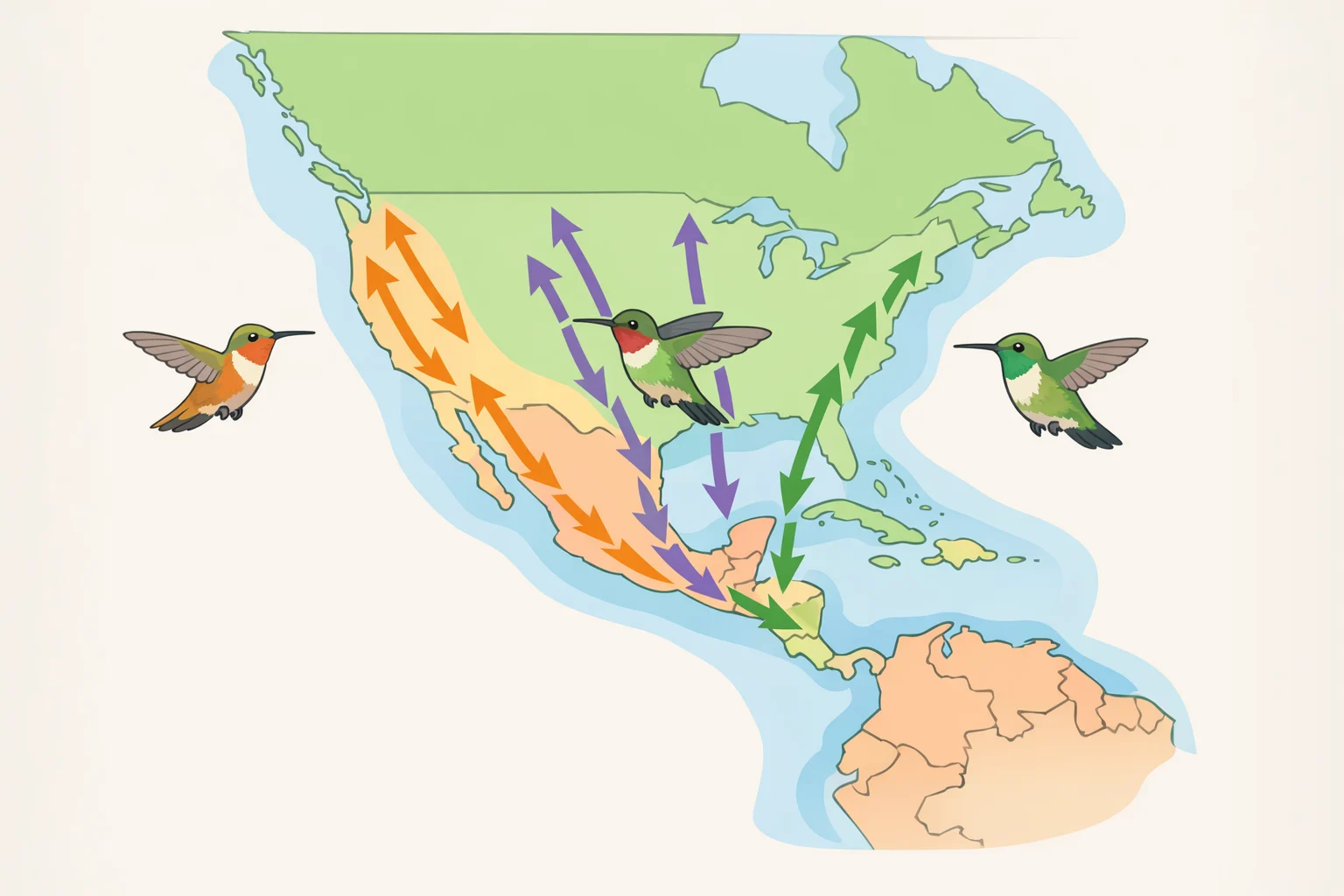 Illustration of a North America map highlighting Gulf Coast, Desert Southwest, Mountain West, and northern regions with arrows indicating spring arrival differences