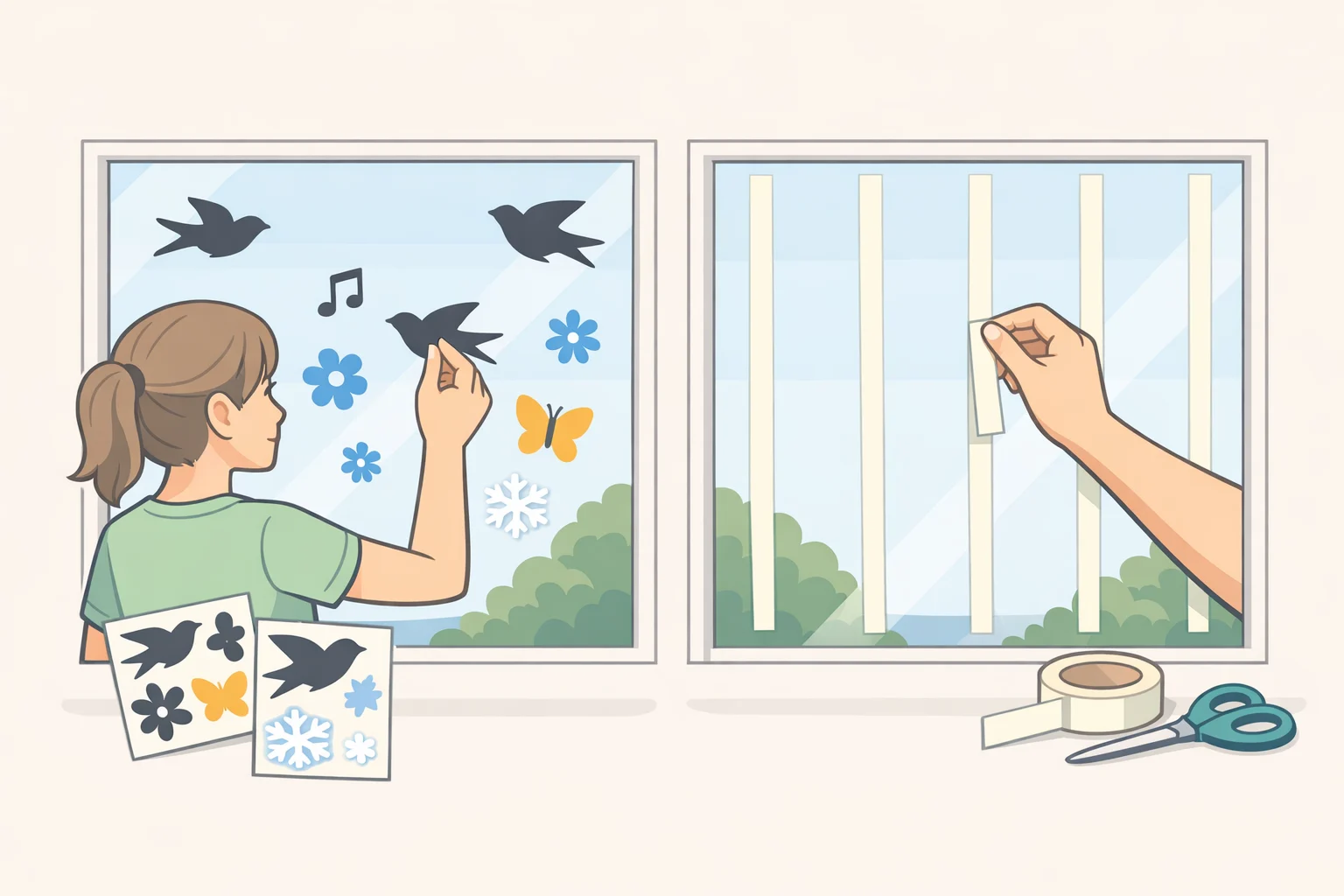 Illustration showing hummingbirds near a feeder with window decals or film applied in small, spaced patterns to reduce bird collisions