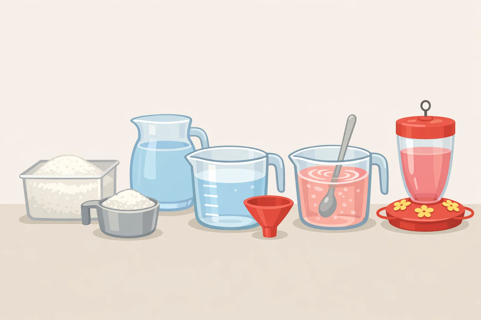 Illustration of a person measuring four parts water and one part plain white table sugar into a container labeled for hummingbird feeder nectar