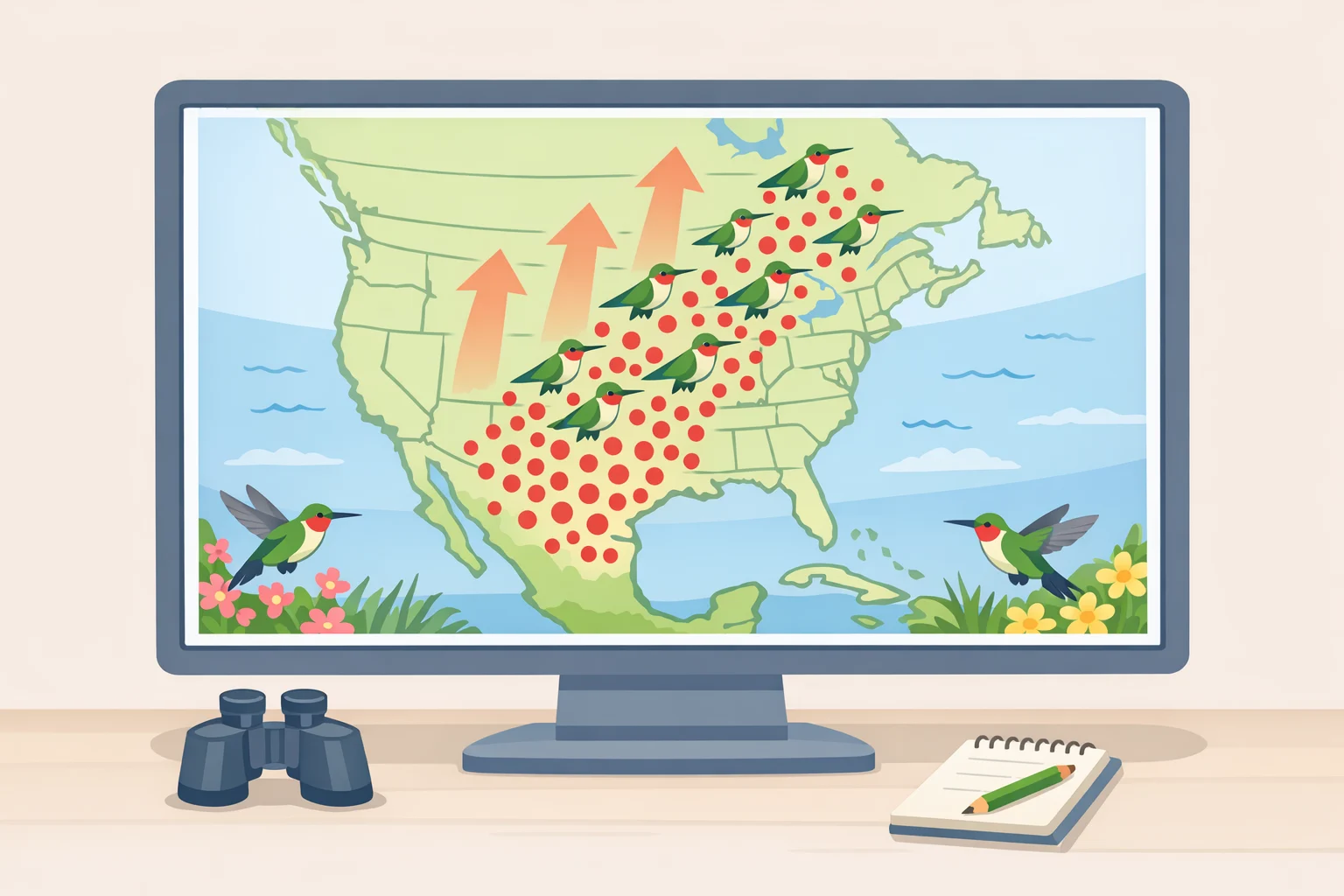 Screenshot-style illustration of a hummingbird migration map showing clustered spring sightings moving northward, explaining how to time answers to when do hummingbirds arrive in my area