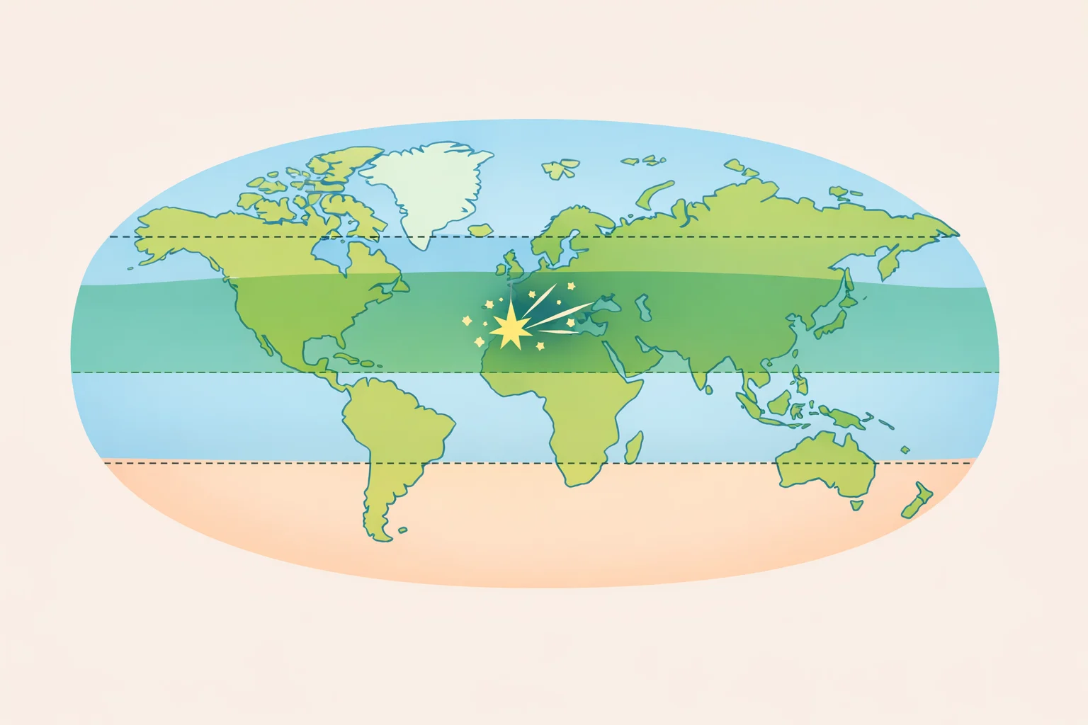 World map illustrating Perseid visibility only between about 60° N and 40° S, with shaded regions where twilight or the horizon blocks viewing