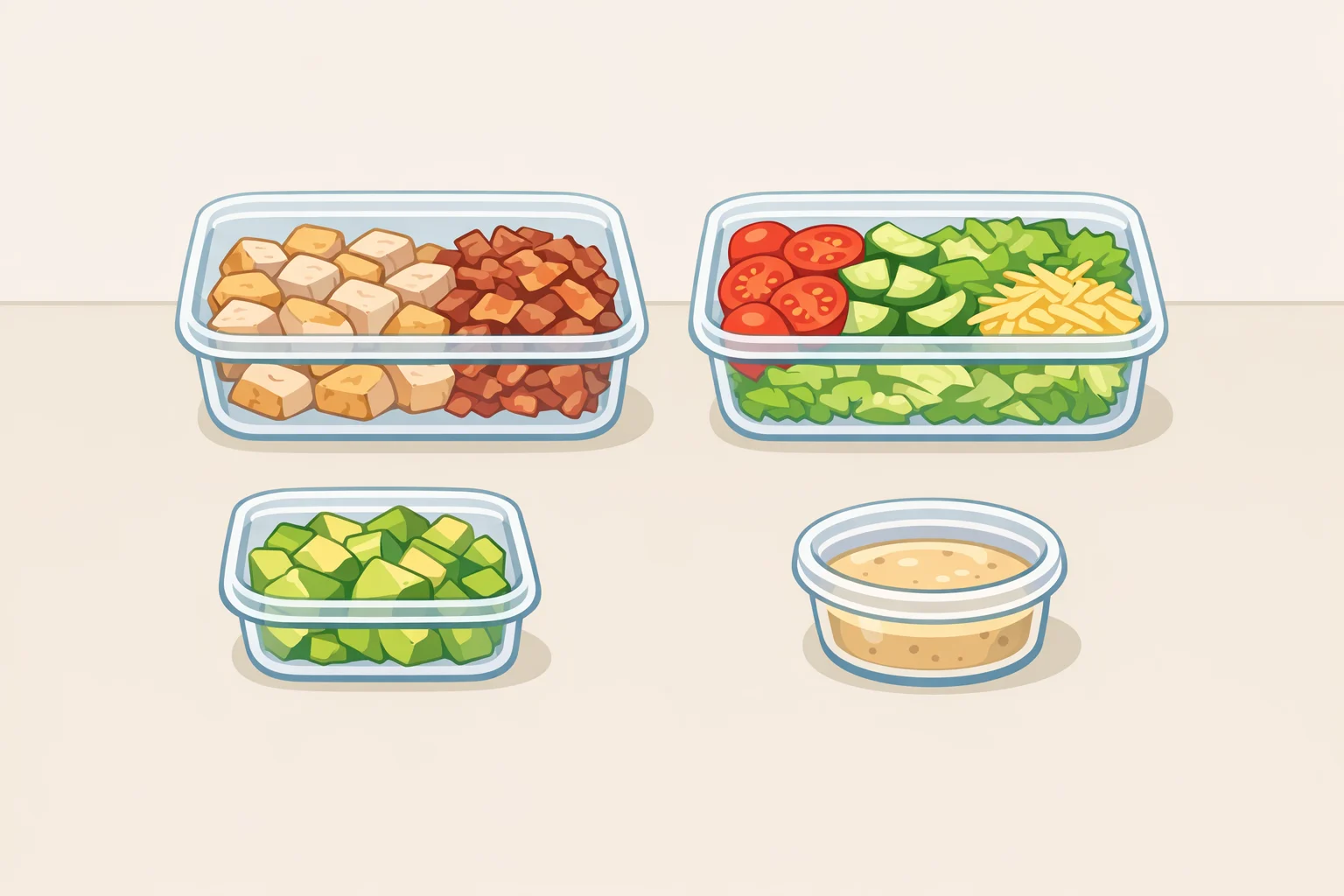 Separate containers for storing chicken, bacon and avocado, chopped greens with cheese, and ranch dressing to keep the salad crunchy