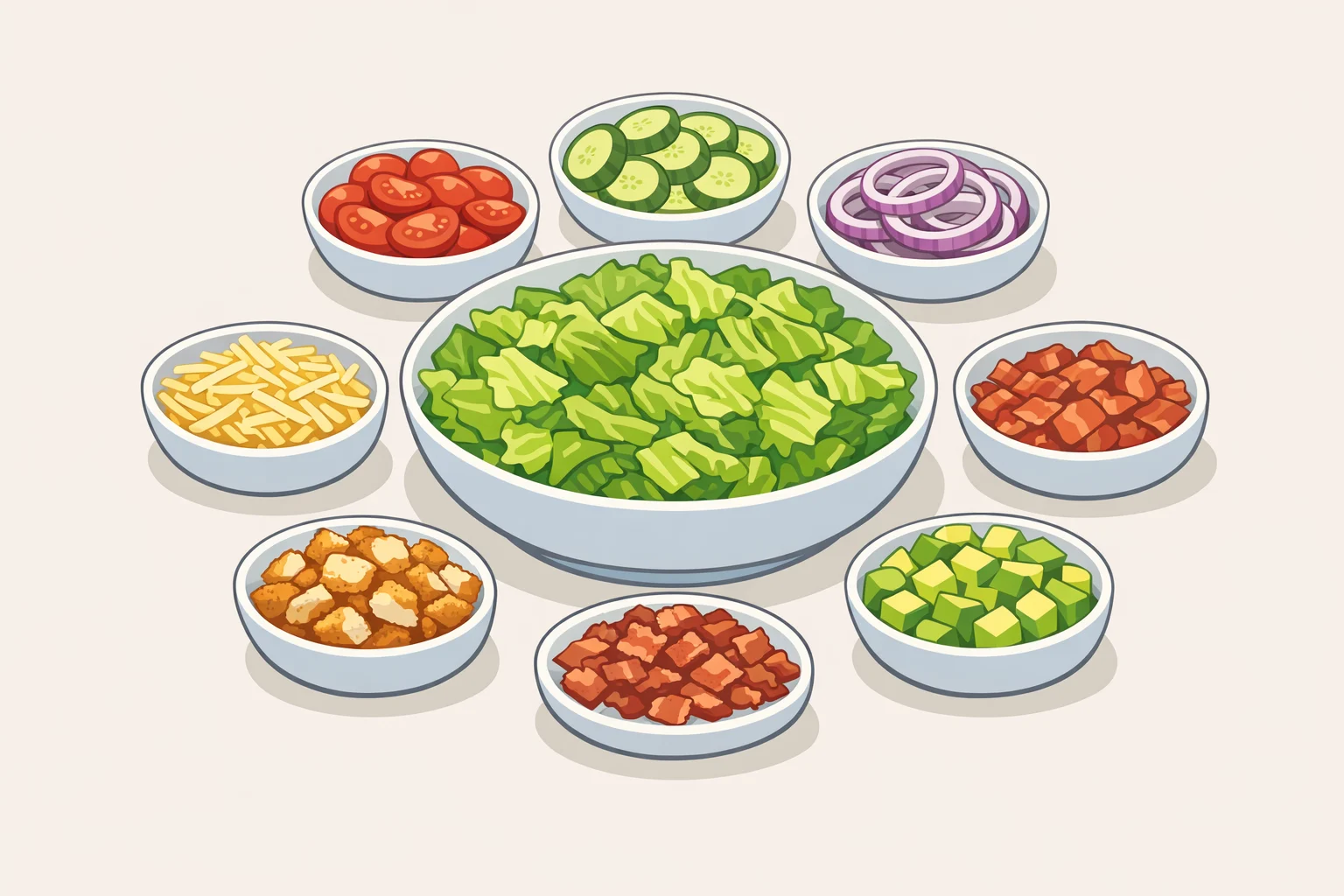 Ingredient layout for a crispy chicken avocado bacon salad recipe showing shredded romaine, cherry tomatoes, cucumber, red onion, diced Monterey Jack, crumbled bacon, and fresh diced avocado