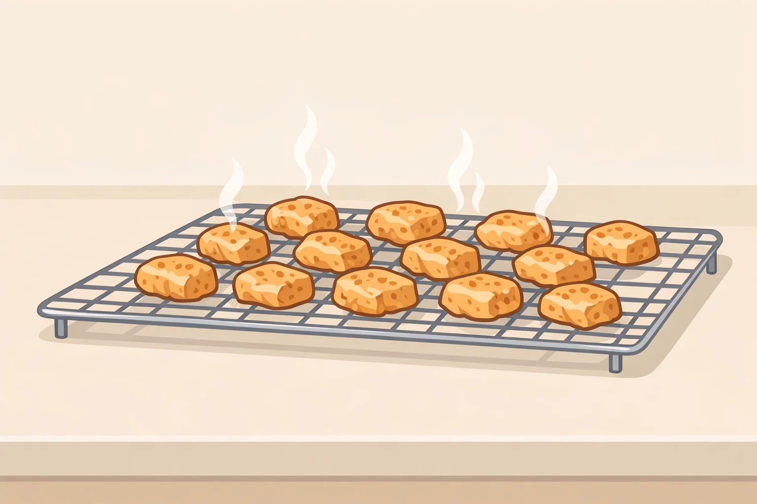 Cooked baked chicken bites on a cooling rack after the 16 to 18 minute bake, ready to stay crisp before adding to the salad