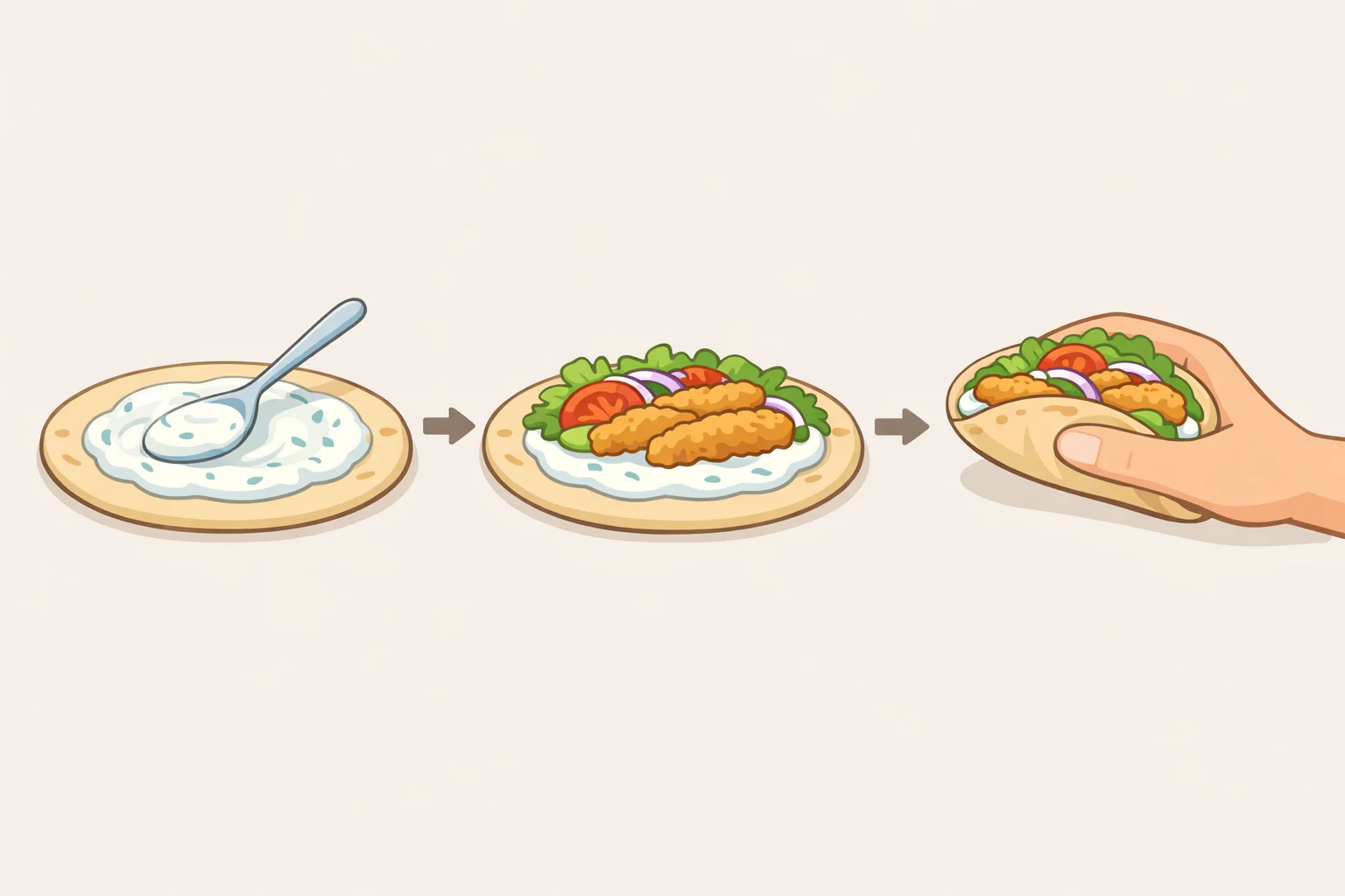 Crispy chicken pita recipe assembly: pita spread with tzatziki, topped with crispy chicken strips and tomato-cucumber salad, then folded closed
