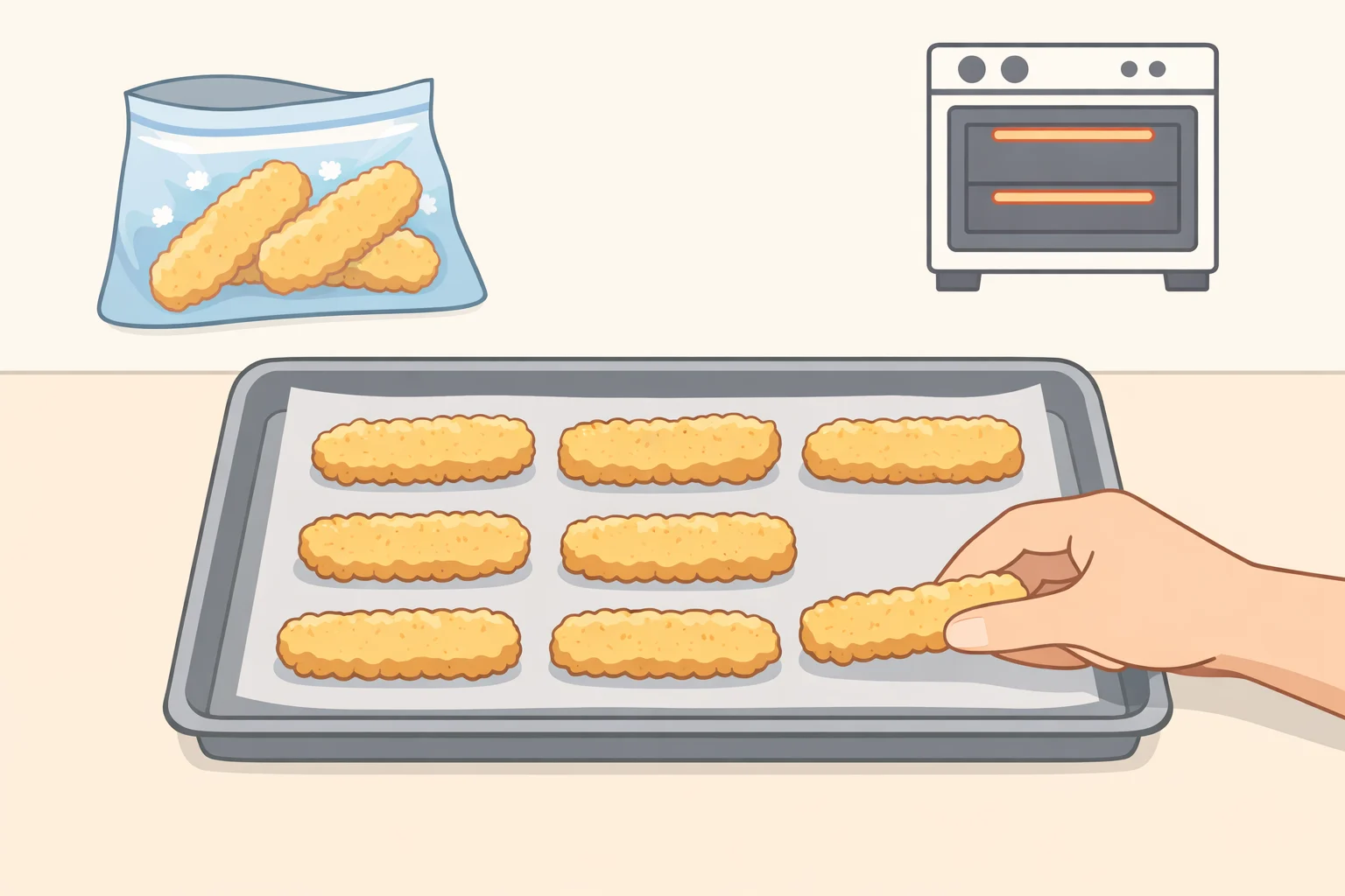 Crispy chicken pita recipe: frozen breaded chicken strips laid out on a rimmed baking sheet before baking for 22–24 minutes
