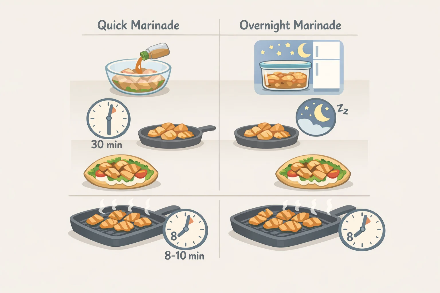 Table-style graphic comparing marinade options for a crispy chicken pita recipe including quick 30–60 minute chunks and overnight yogurt-marinated thighs