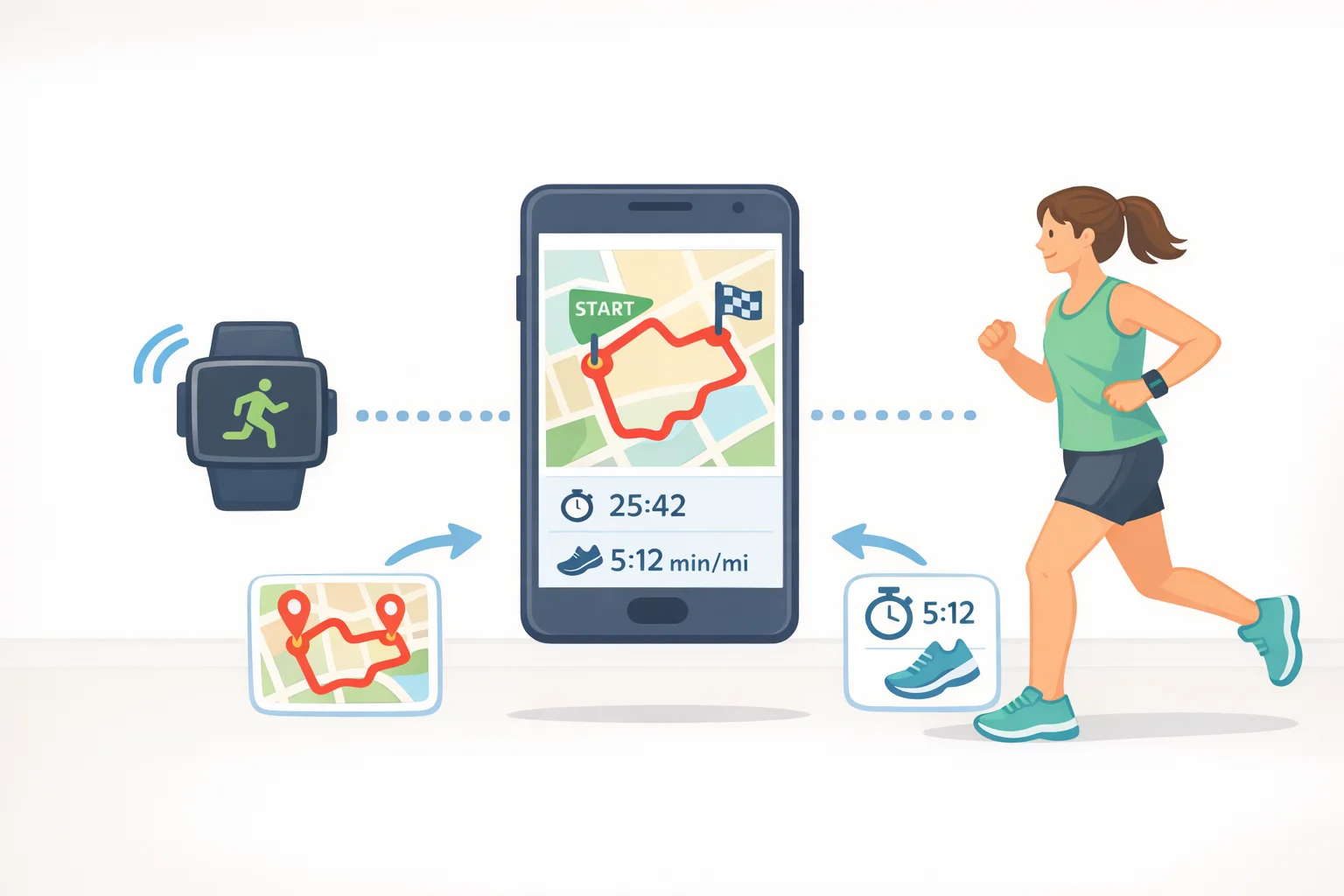 Illustration of Connected GPS working when the phone stays with you during a run, showing the Cirqa receiving location data to map an outdoor route