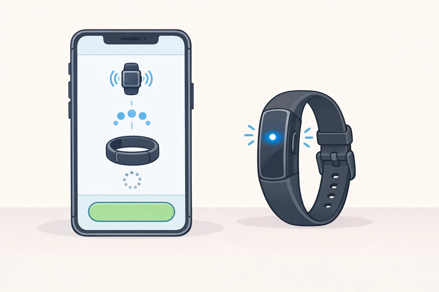 Illustration of how to set up Garmin Cirqa by enabling Bluetooth on a phone and confirming the Cirqa LED flashes purple during pairing