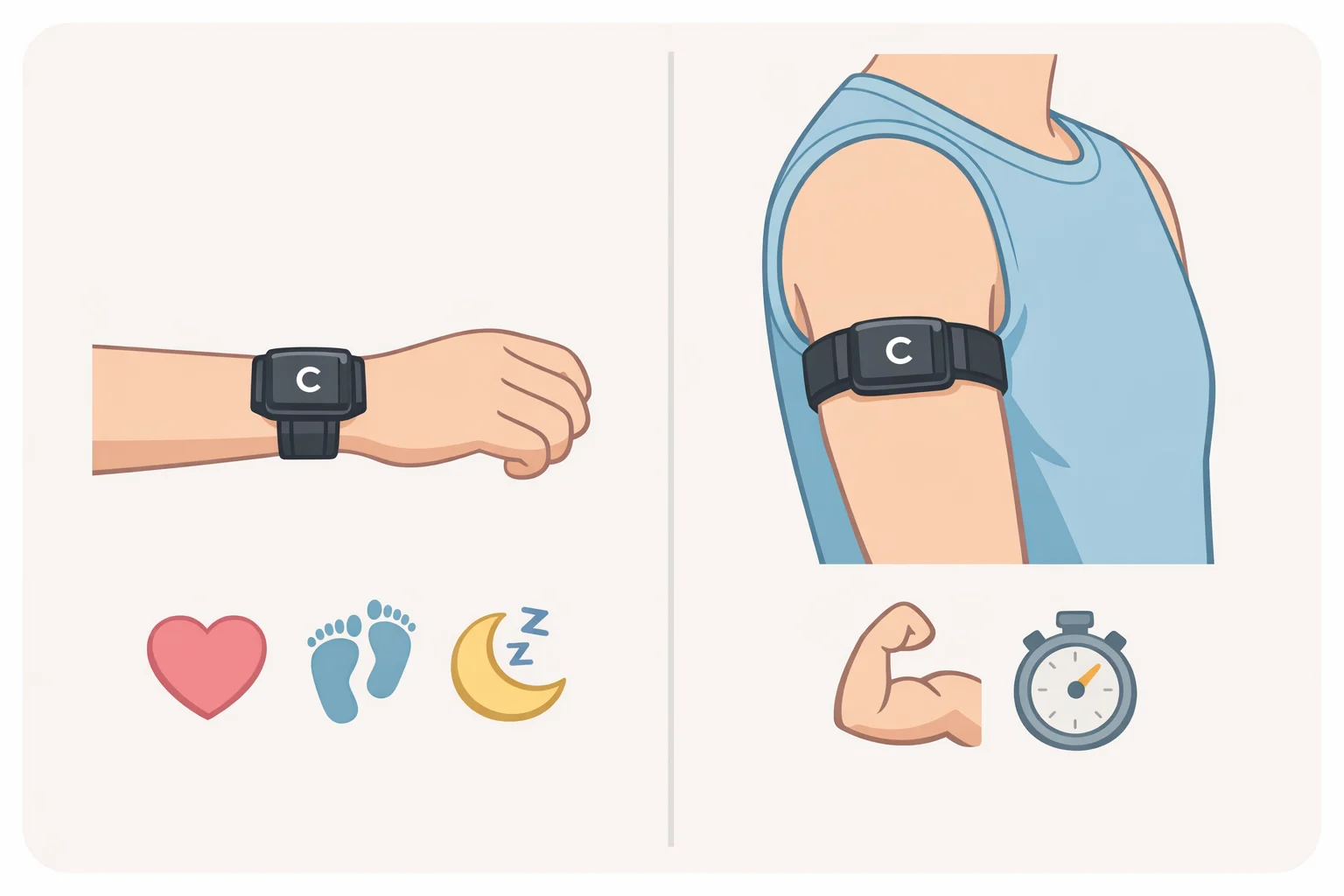 Illustration comparing Garmin Cirqa wear position on the wrist versus the bicep, showing which placement is better for heart-rate accuracy and overnight sleep