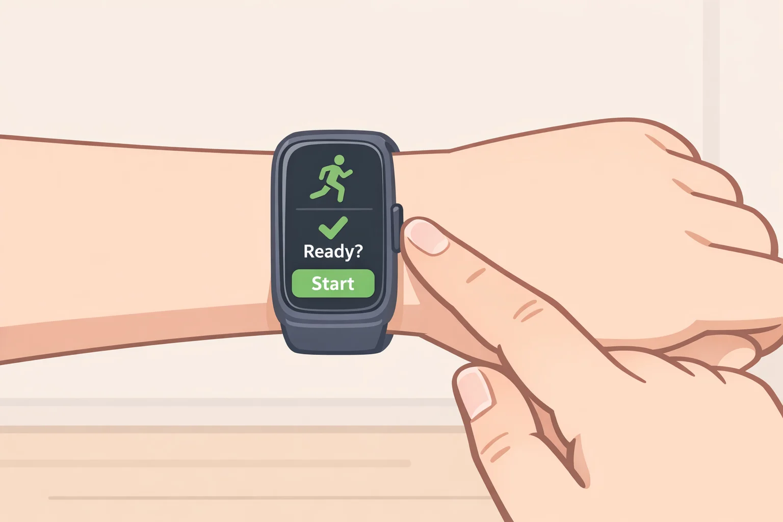 Illustration of the Cirqa button being pressed to start a manual activity, with a green LED flash and vibration indicating the recording has begun