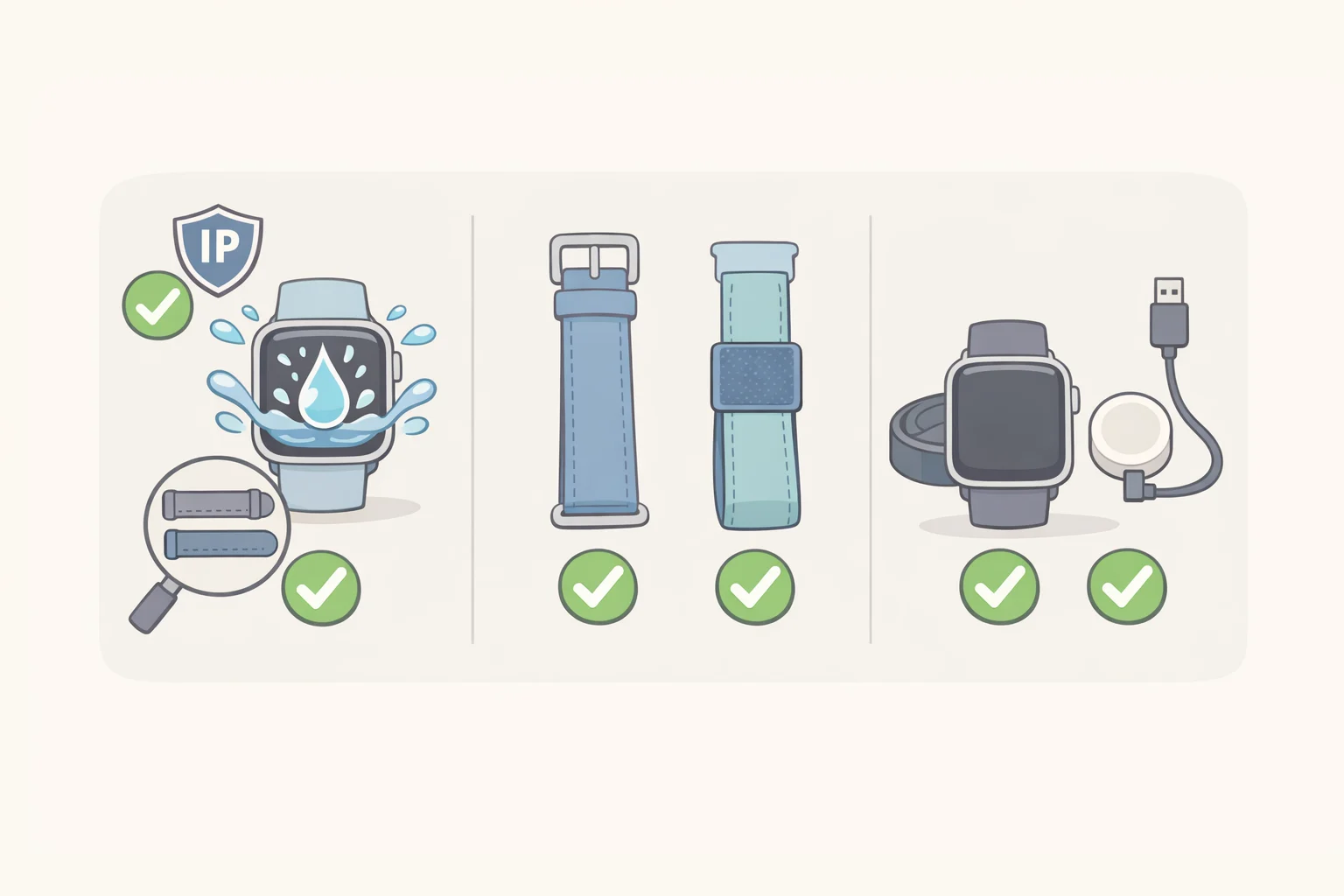Illustration of flashlight gloves with a wrist strap and hook-and-loop closure next to icons showing an IP rating, charging method, and battery included
