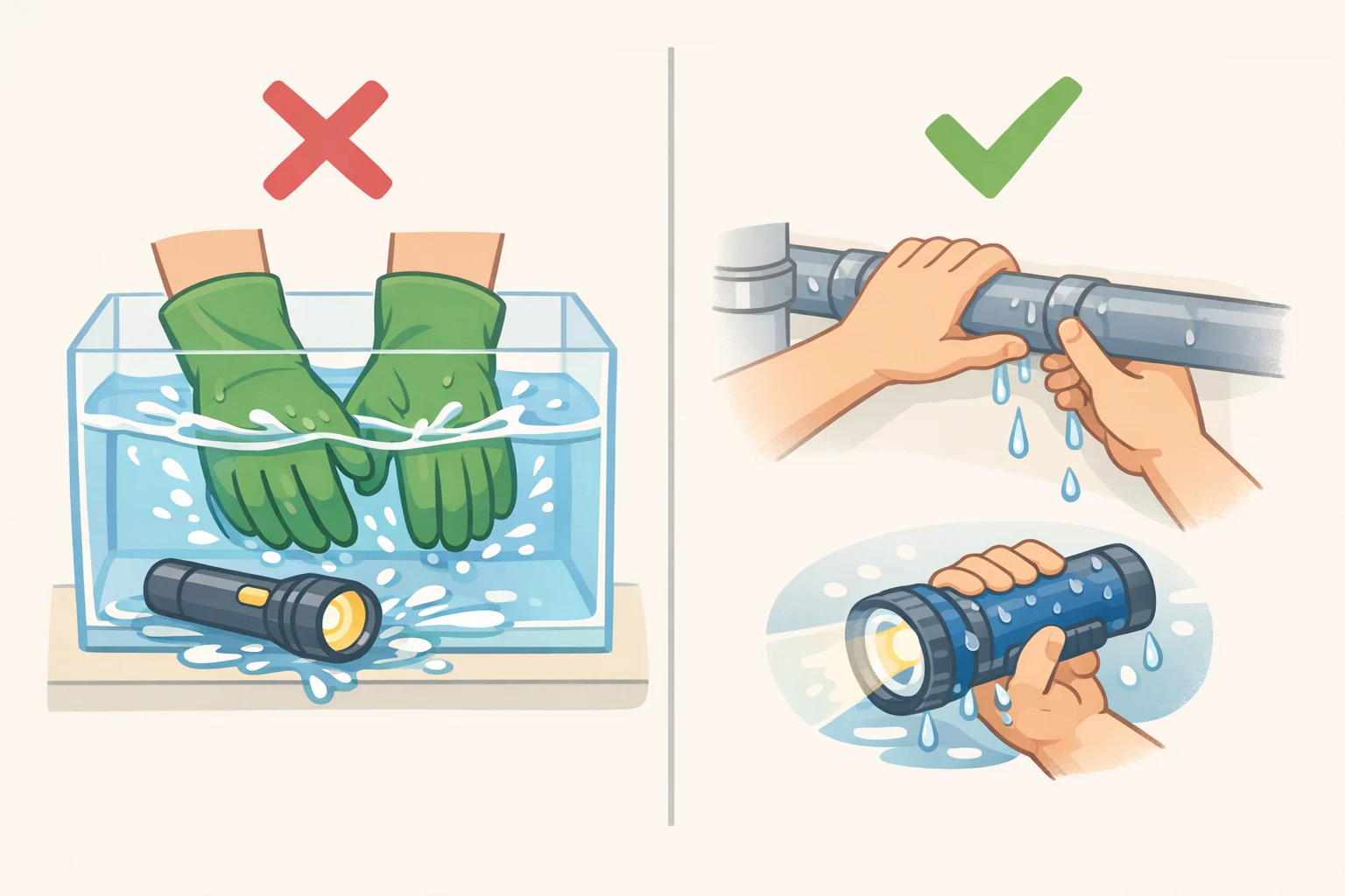 Illustration of flashlight gloves being avoided for wet or submerged conditions where a different, water-rated headlamp or flashlight is needed