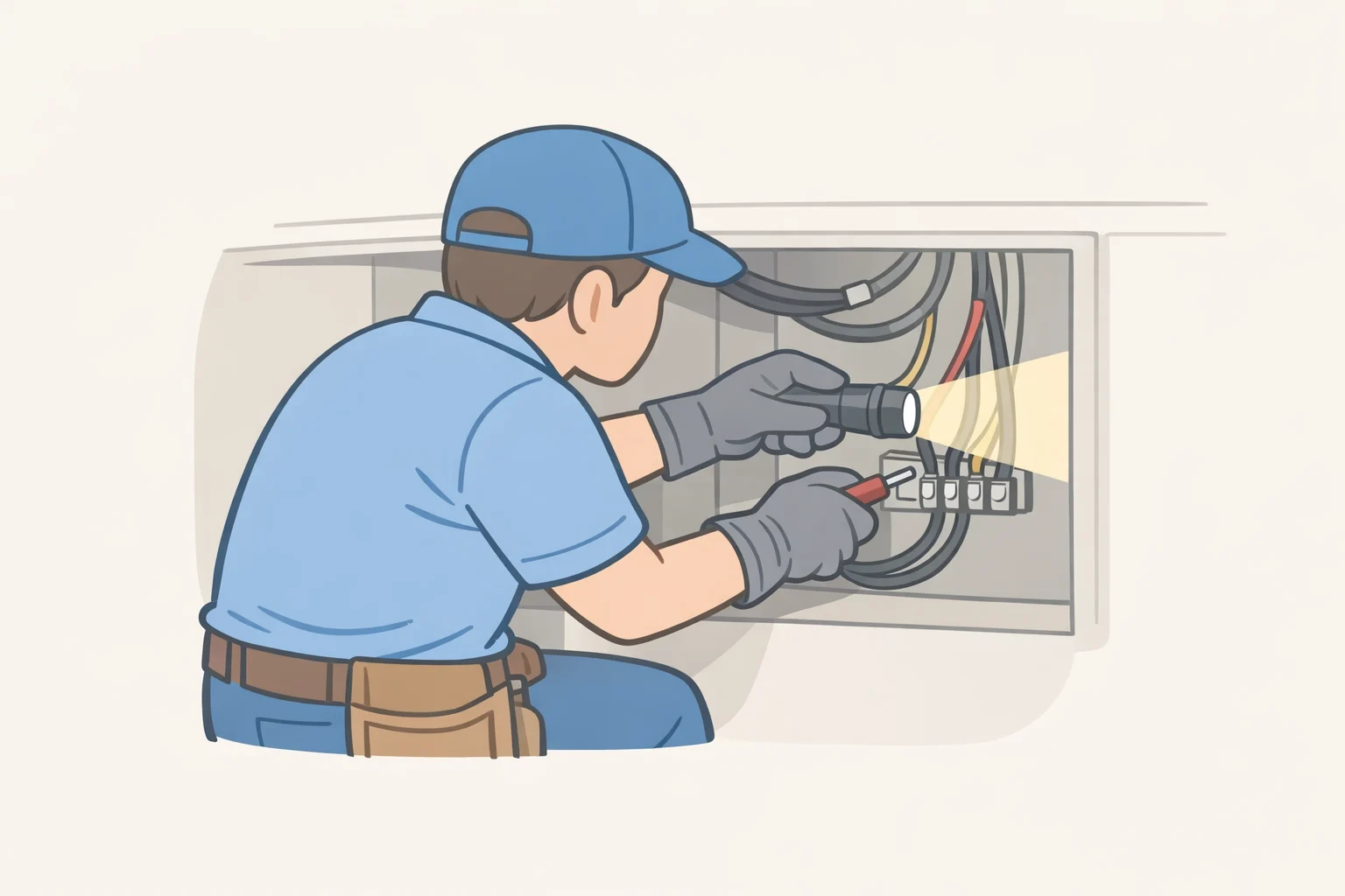 Illustration of a plumber or electrician working inside a wall cavity with flashlight gloves lighting the exact spot the pointing hand targets