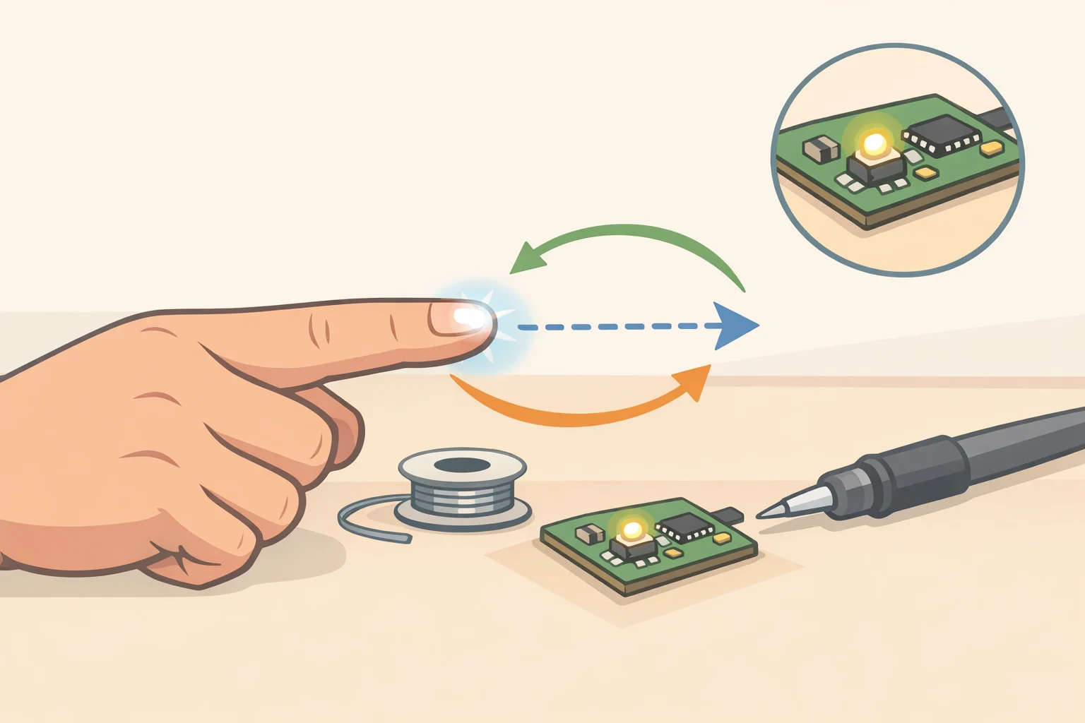 Close-up illustration of what are flashlight gloves: LEDs on the thumb and index finger lighting exactly where the fingers point during two-handed work