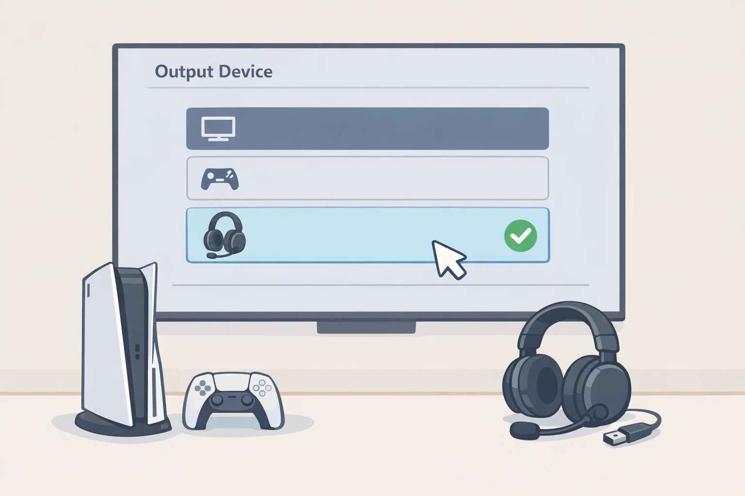 Illustration of navigating PS5 Settings > Sound > Audio Output > Output Device and choosing the USB Headset so audio plays through the Bluetooth transmitter