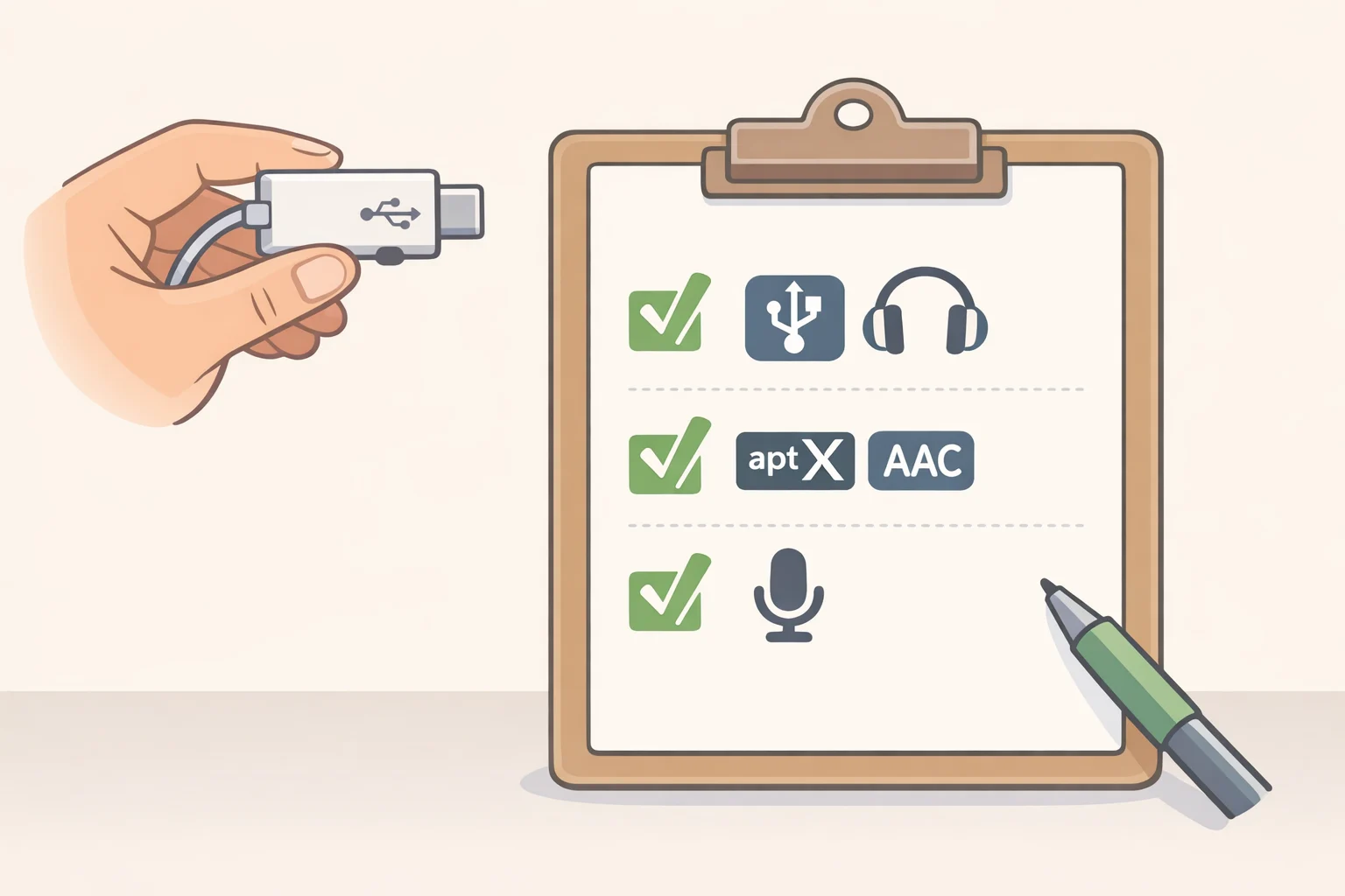 Illustration of a buying checklist showing a PS5 audio adapter confirming USB audio support, low-latency codec support, pairing LED/button visibility, and microphone compatibility