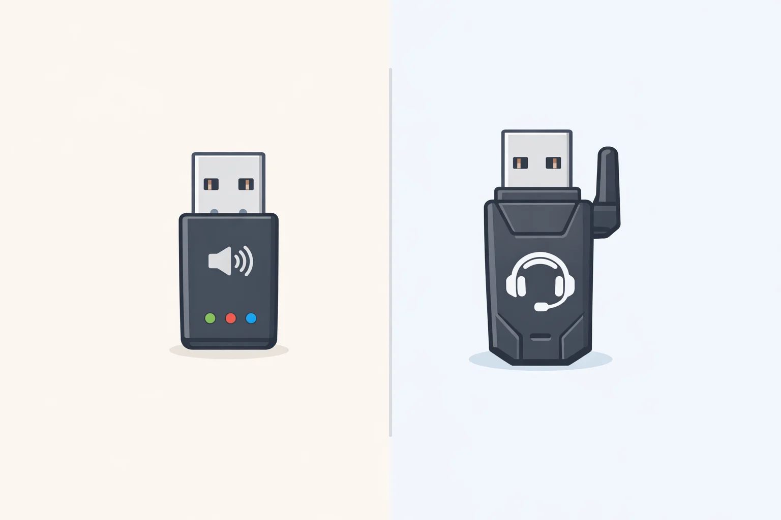 Diagram comparing a PS5-compatible USB Bluetooth transmitter bridging audio to Bluetooth headphones versus a gaming headset using its own USB dongle for audio and mic