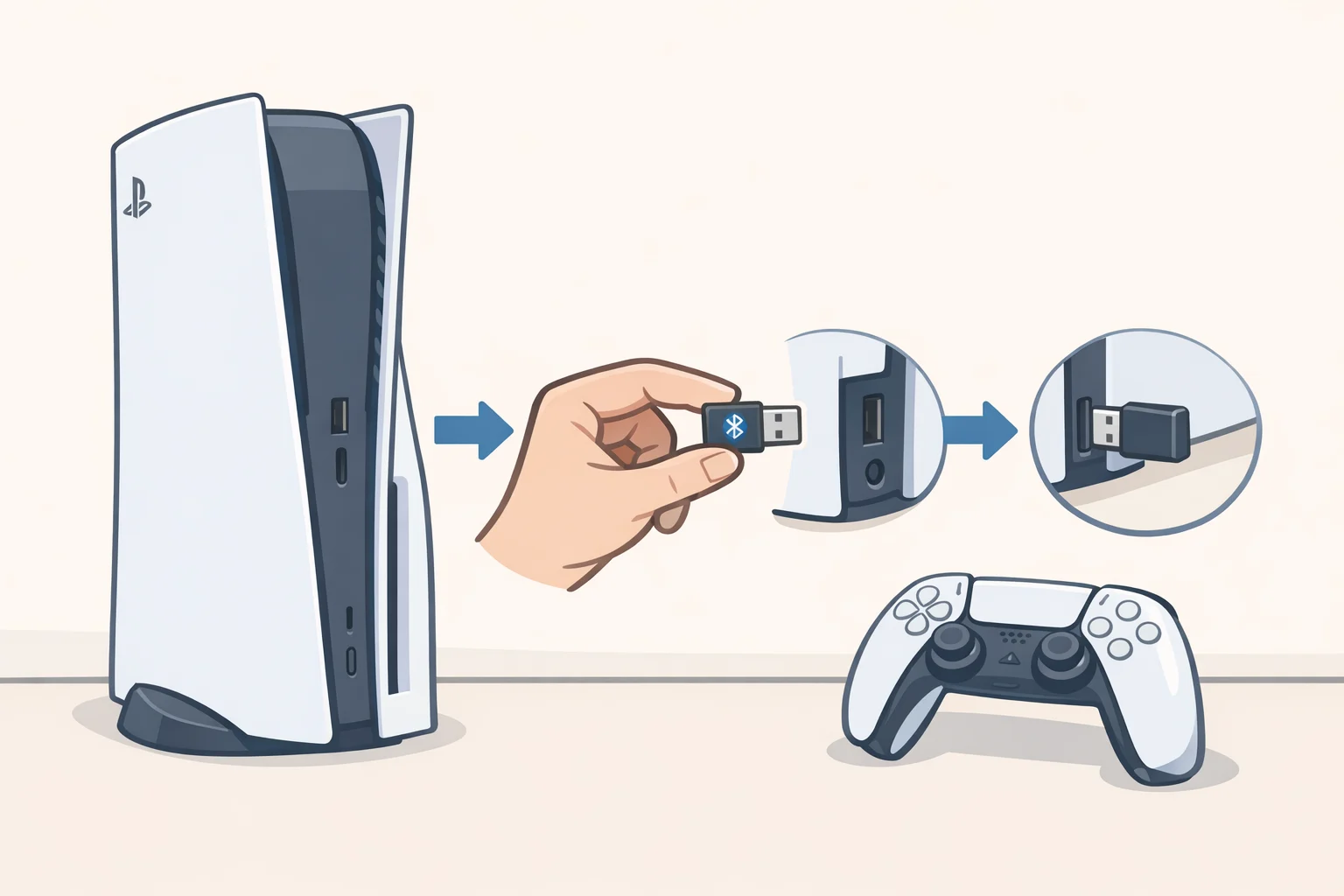 Illustration of how to connect Bluetooth headphones to PS5 by plugging a USB Bluetooth transmitter into a PS5 USB port