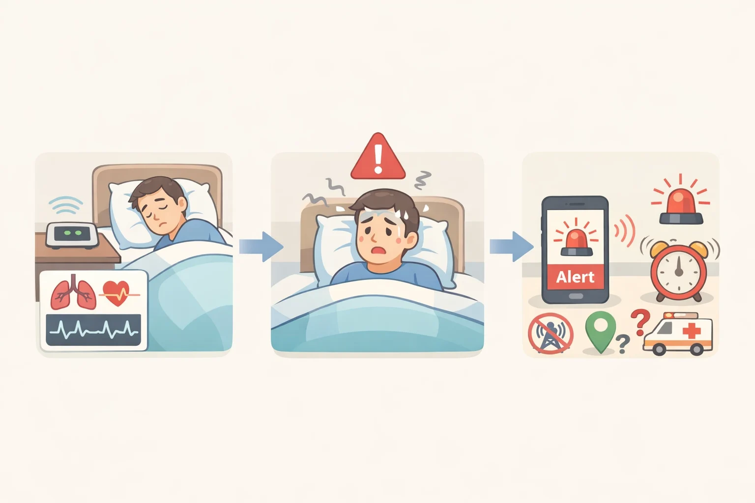 Infographic of Pixel Watch 5 Breathing Emergency Detection using PPG, accelerometer, and barometer sensors to detect severe sustained oxygen drops and trigger an emergency call while noting key limitations
