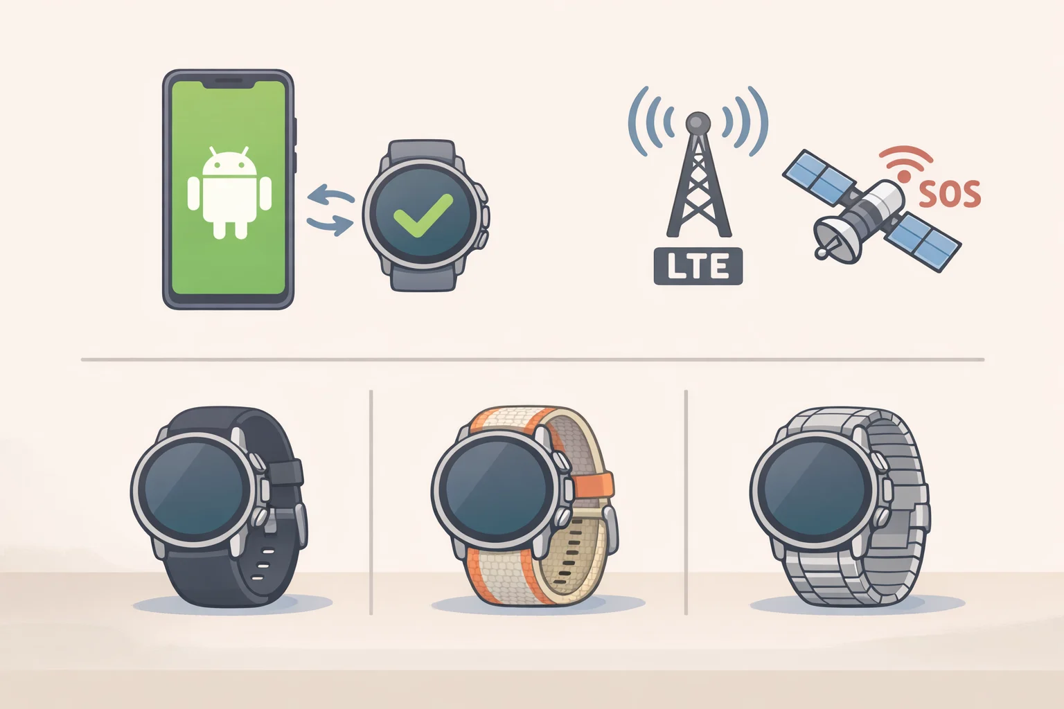 Illustration showing Pixel Watch 5 compatibility with Android 12+ phones, Google Account/app setup, and optional LTE plus Satellite SOS and the HNBR Sport Band Gen 2 material