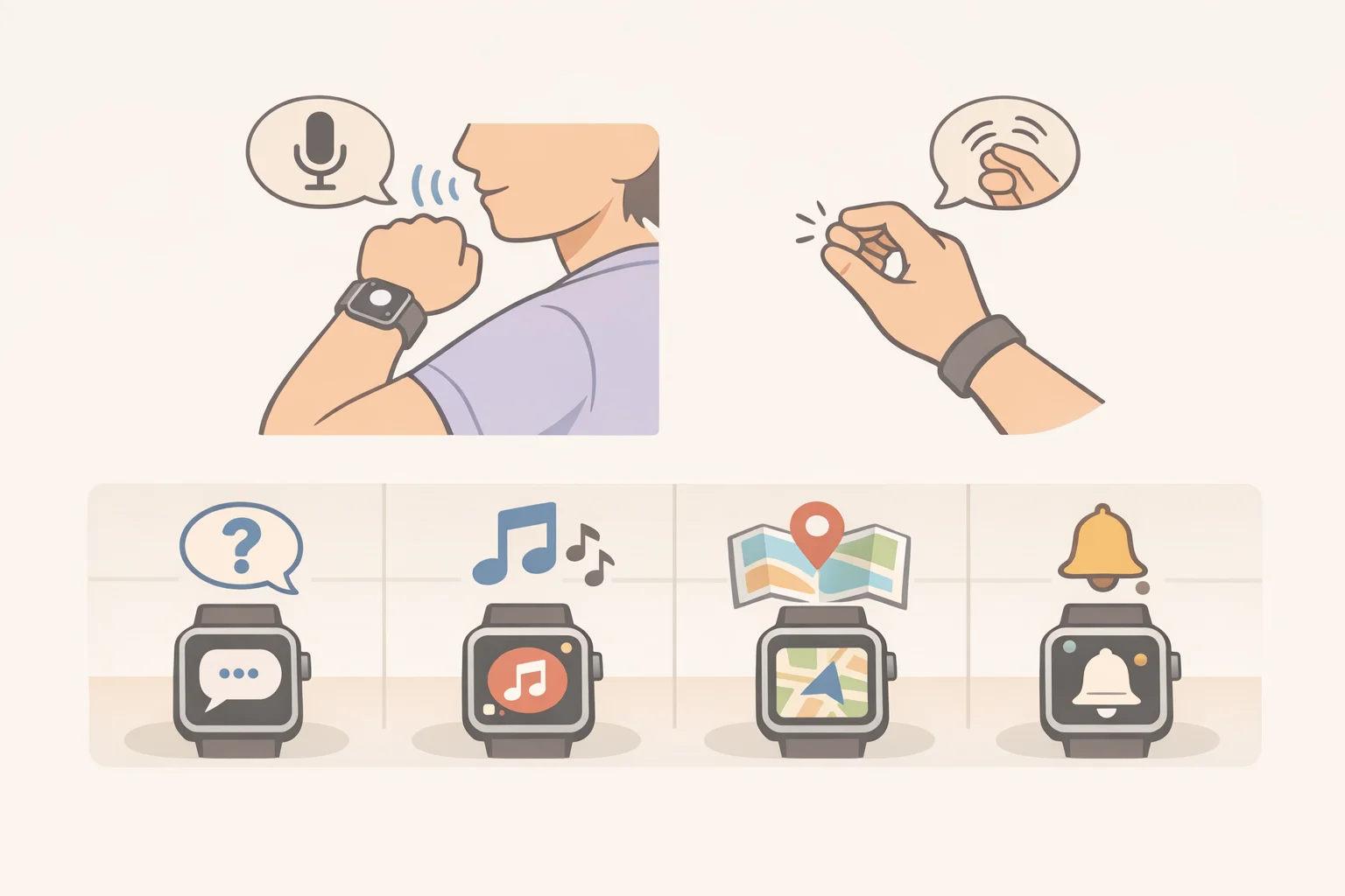 Graphic showing Gemini on Pixel Watch 5 completing offline tasks such as starting workouts and setting timers, triggered by gestures and Raise to Talk