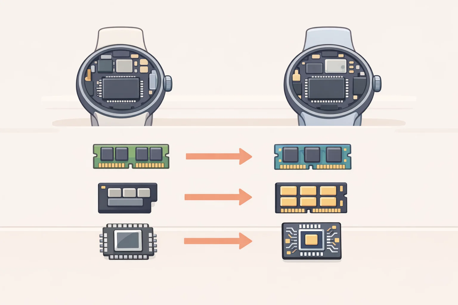 Illustration for the Google Pixel Watch 5 buyer's guide highlighting the Pixel Watch 5 upgrades: 3GB RAM, 64GB storage, and the Snapdragon W5 Gen 2 Accelerated chip