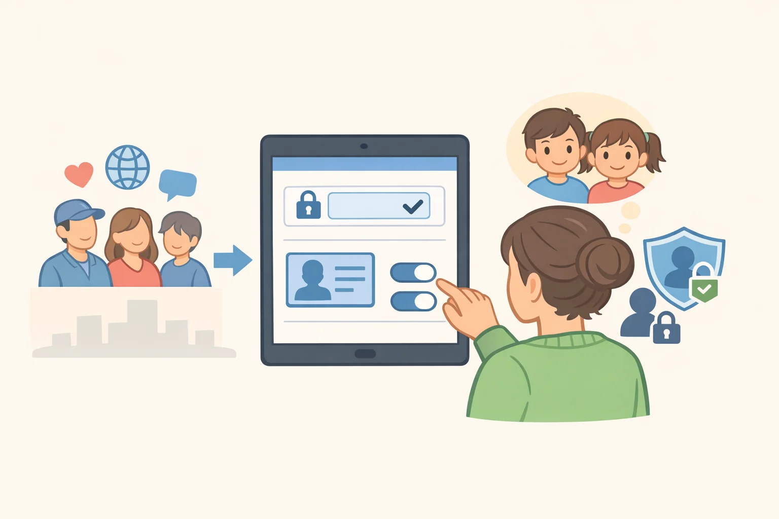 Illustration of a child's social profile with privacy set to private, limited followers, initials instead of full name, and hidden birthdatehelping prevent sextortion by reducing what an offender can use