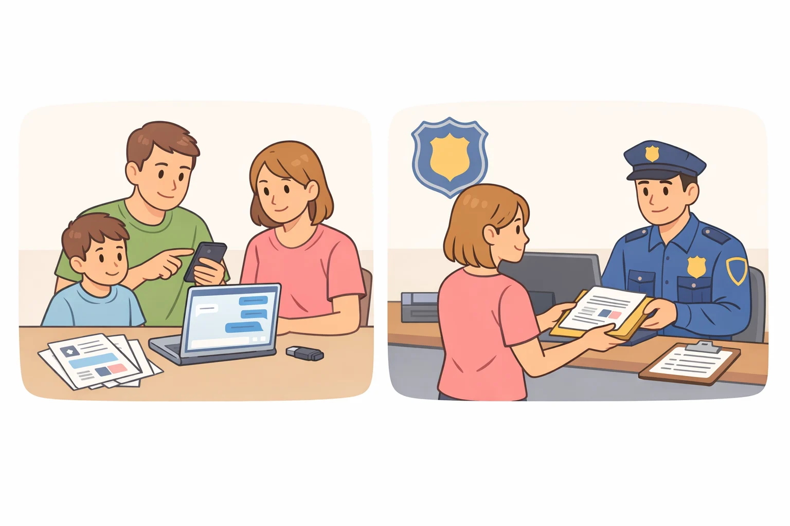 Illustration of a caregiver storing screenshots and message records in a folder, then filling out an FBI IC3 or tips.fbi.gov report form after a sextortion threat