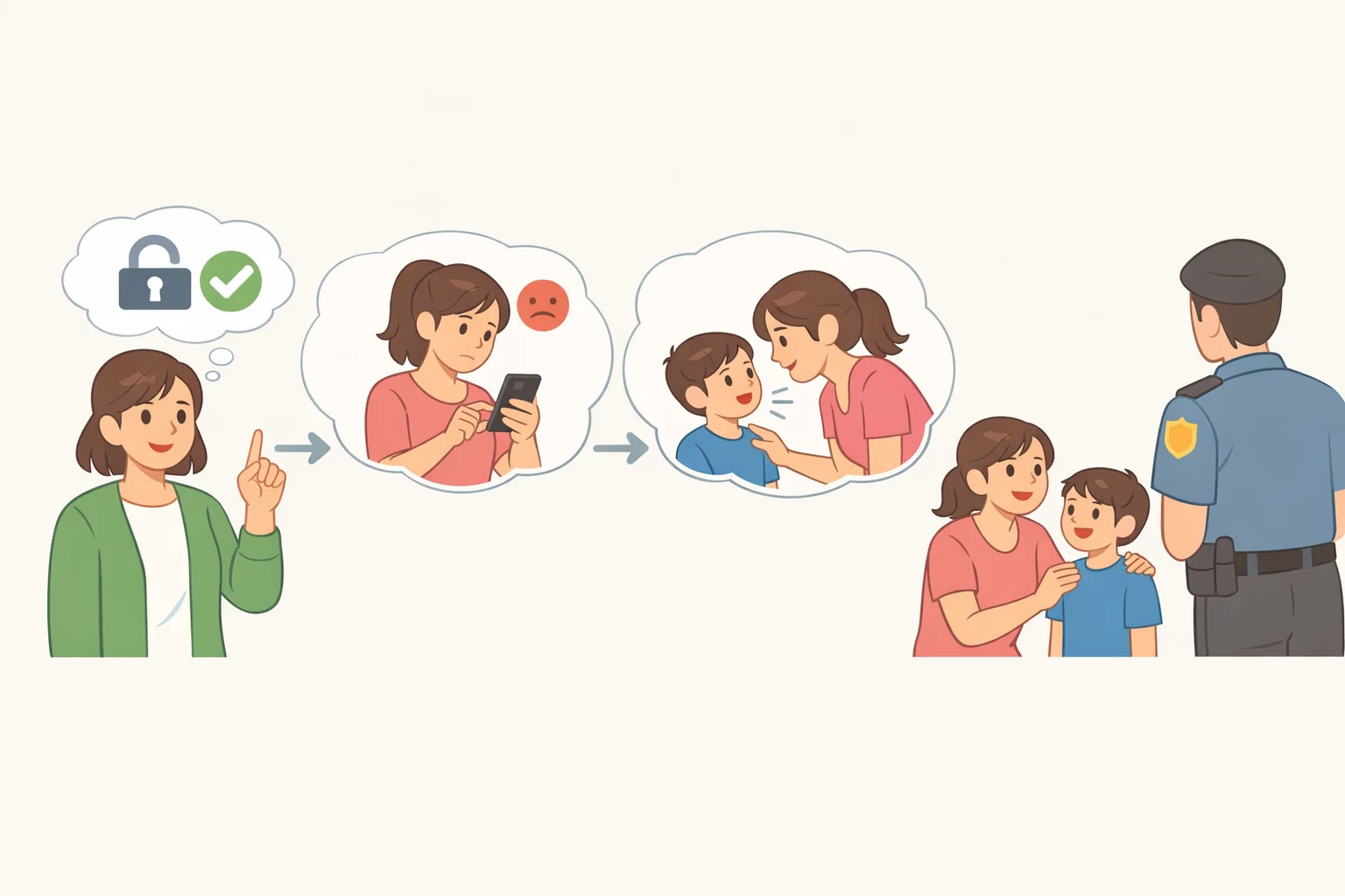Illustration of a parent and teen discussing online safety, with a written reminder that reporting uncomfortable messages will not lead to punishment or loss of phone access