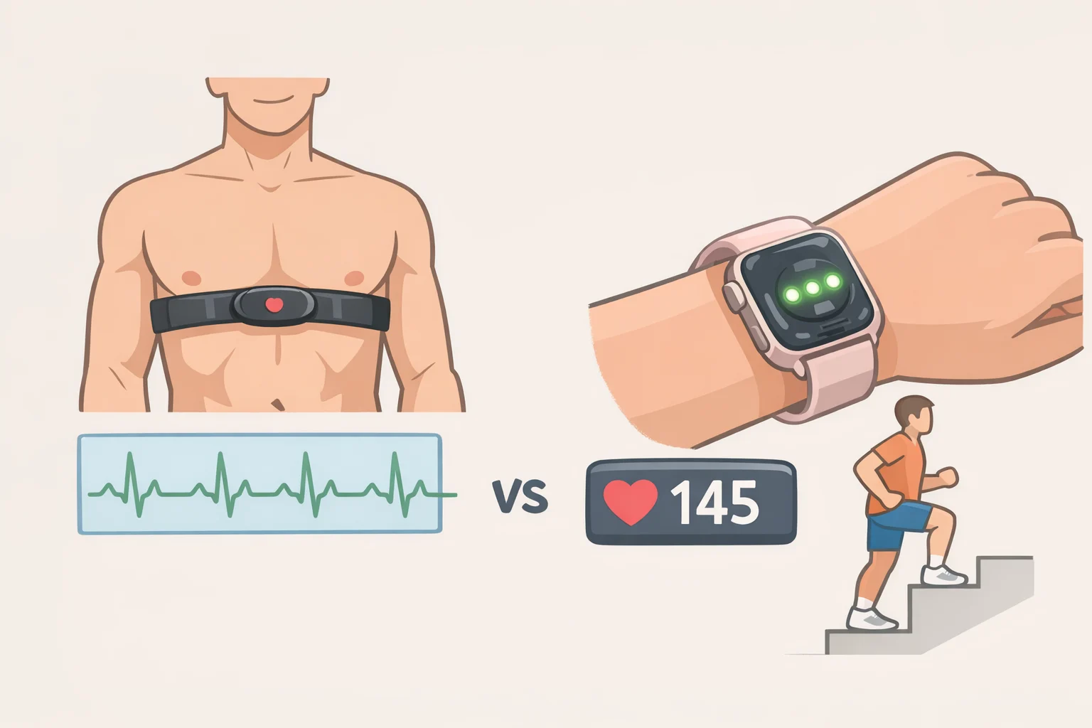 Illustration of a StairMaster workout where a Galaxy Watch 9 optical heart-rate sensor is compared to a Polar H10 chest strap for accuracy