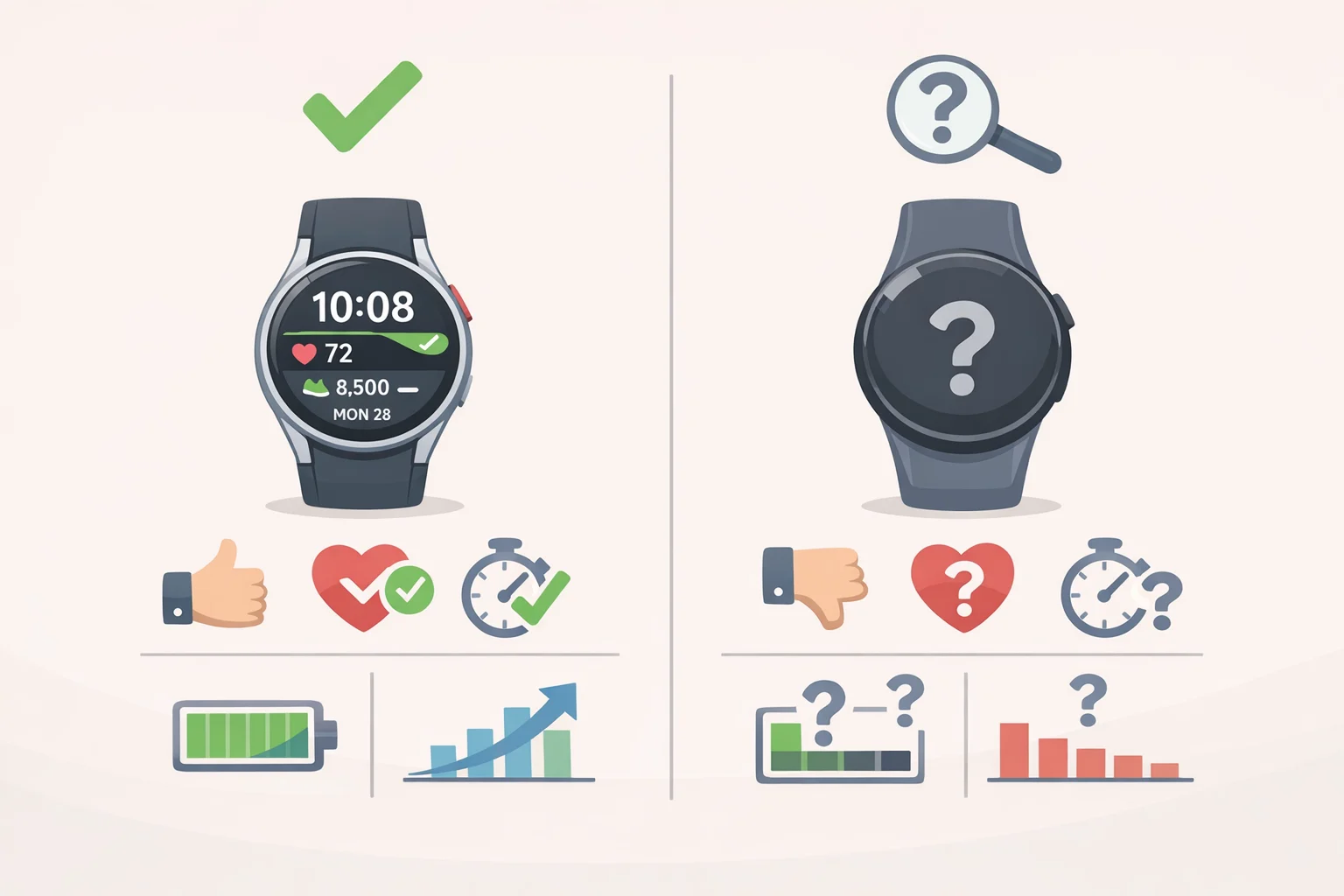 Diagram explaining which metrics are confirmed by reviews for Galaxy Watch 9 and which specs remain unverified for Google Pixel Watch 5 vs Samsung Galaxy Watch 9