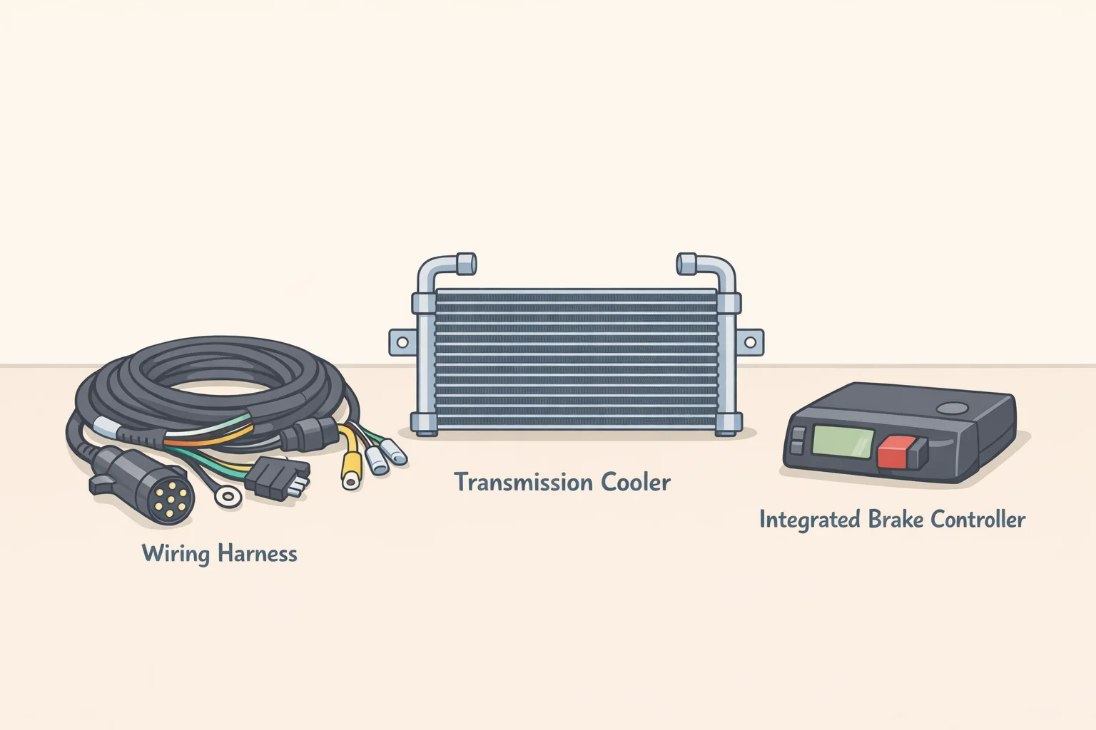 Breakdown of typical factory tow package components, including a wiring harness, transmission oil cooler, and trailer brake controller for higher package tiers