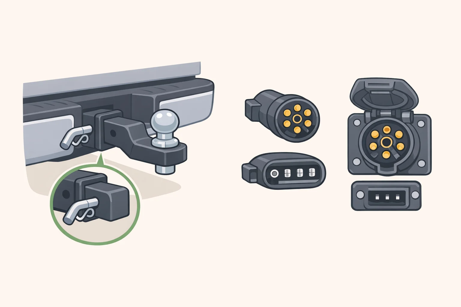 Diagram comparing a vehicle hitch receiver (mechanical connection) versus the seven- or four-pin trailer wiring connector, clarifying the difference behind the term tow hitch vs tow package