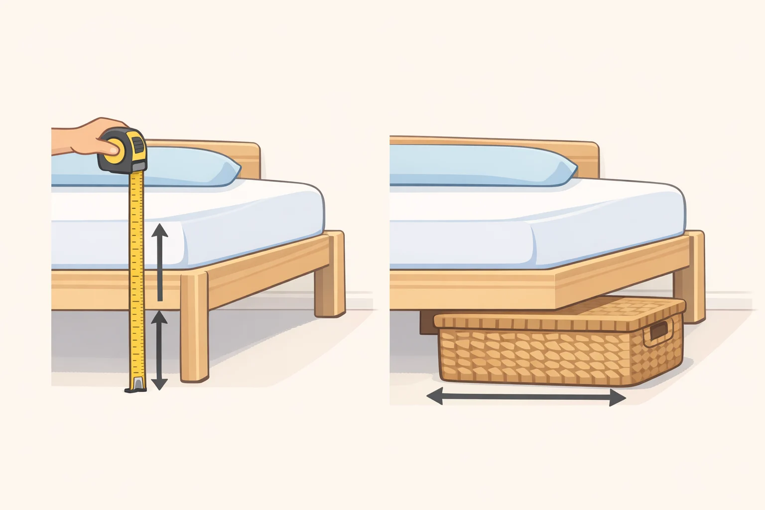 Illustration of measuring floor-to-frame clearance, usable depth, basket width, and grip-hole clearance for thrifted under-bed storage ideas using a lidded wicker basket