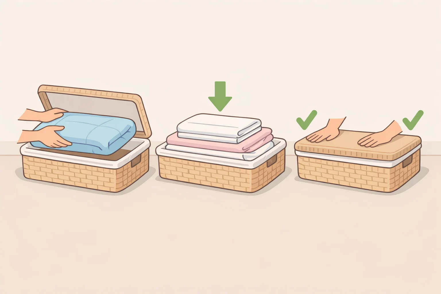 Illustration of stacking clean, dry flat linensquilt on the bottom and sheet set abovein a lidded under-bed wicker basket so the lid closes without pressure