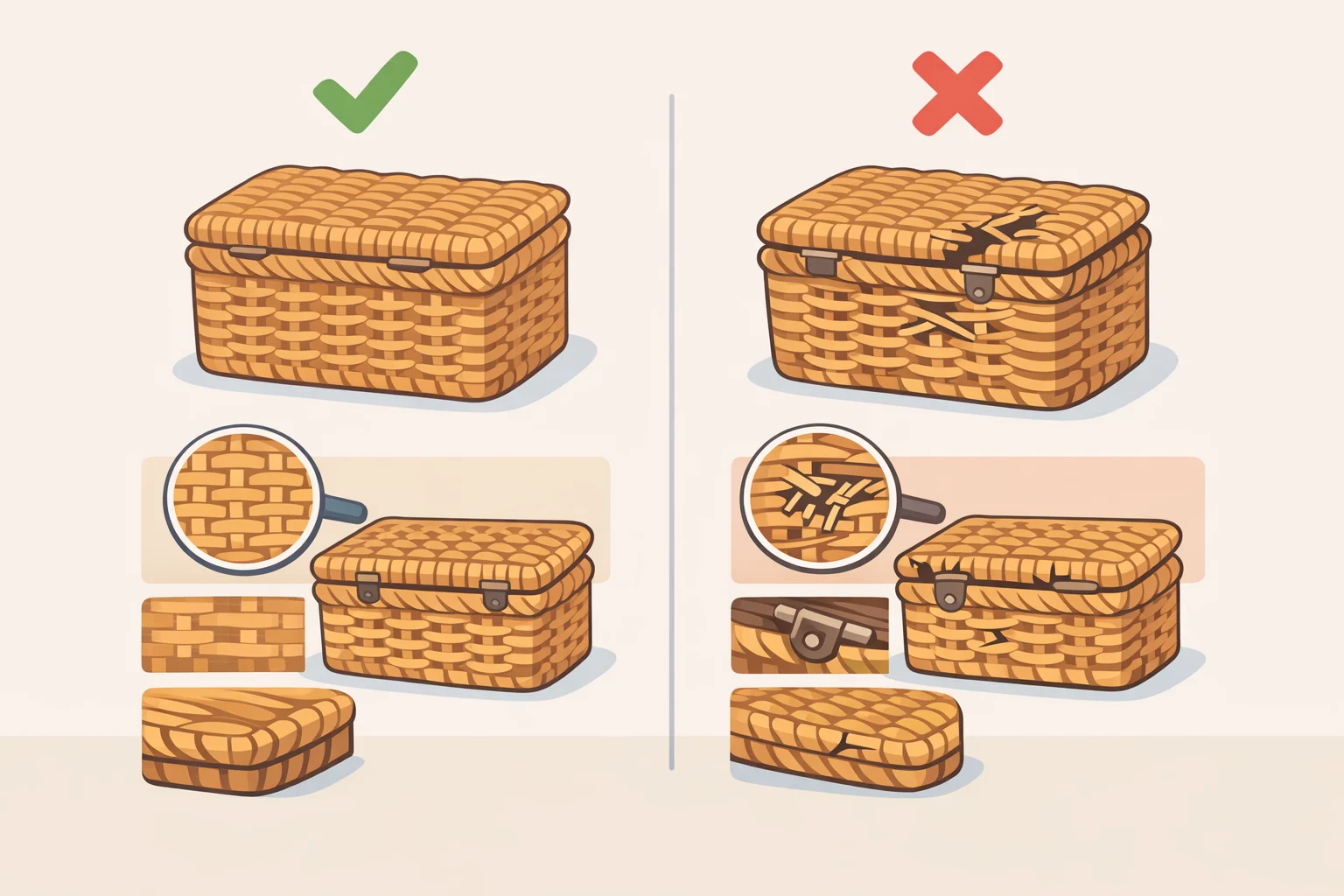 Illustration of a lidded wicker basket checklist showing smooth interior weave, intact hinges and hinges, closed lid with no gaps, and clear grip holes versus moldy or broken strands to reject