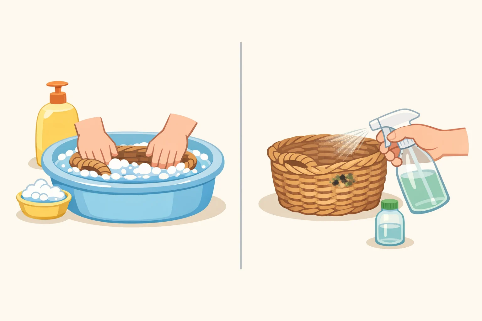 Illustration of cleaning a thrifted lidded wicker basket by brushing debris, submerging in warm dish-soapy water for a short wash, and applying vinegar-and-water to small mildew spots before air-drying